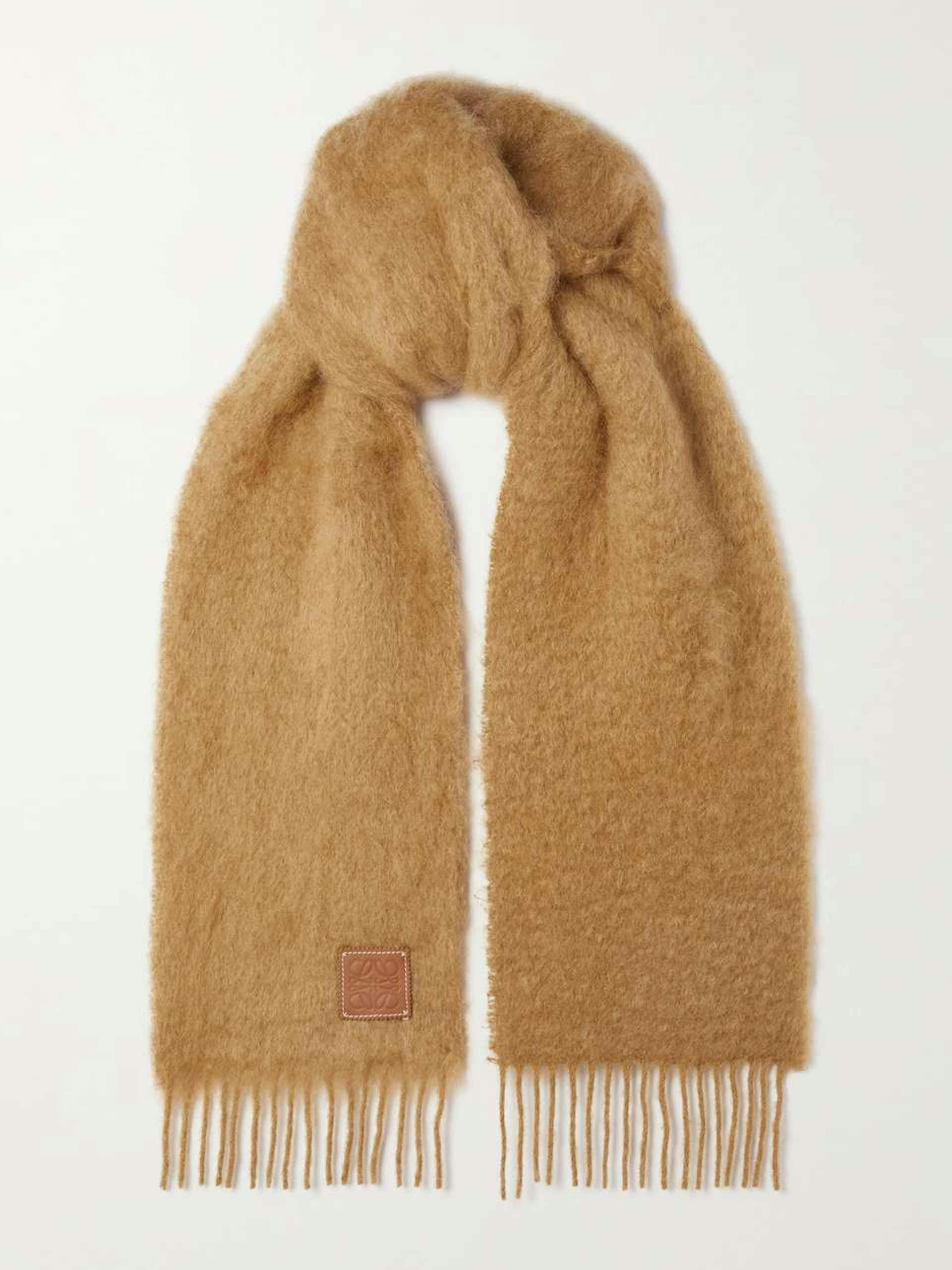 Fringed leather-trimmed mohair and wool-blend scarf