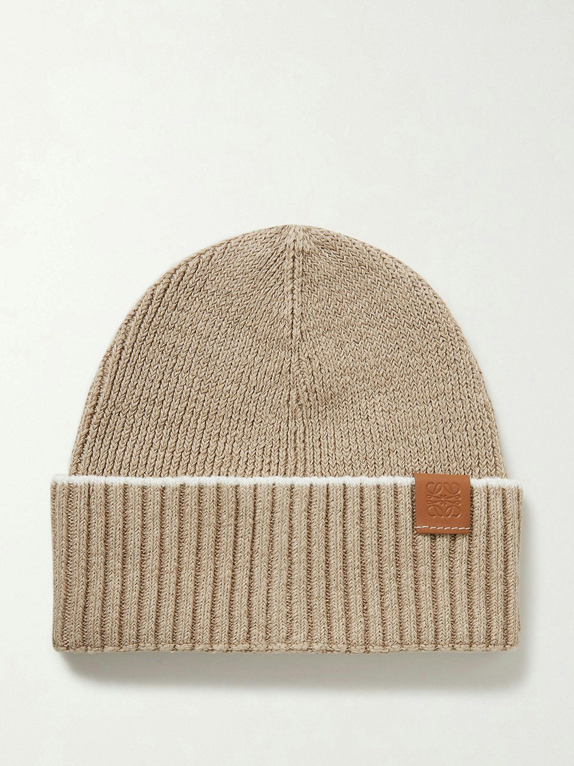 Leather-trimmed ribbed linen-blend beanie