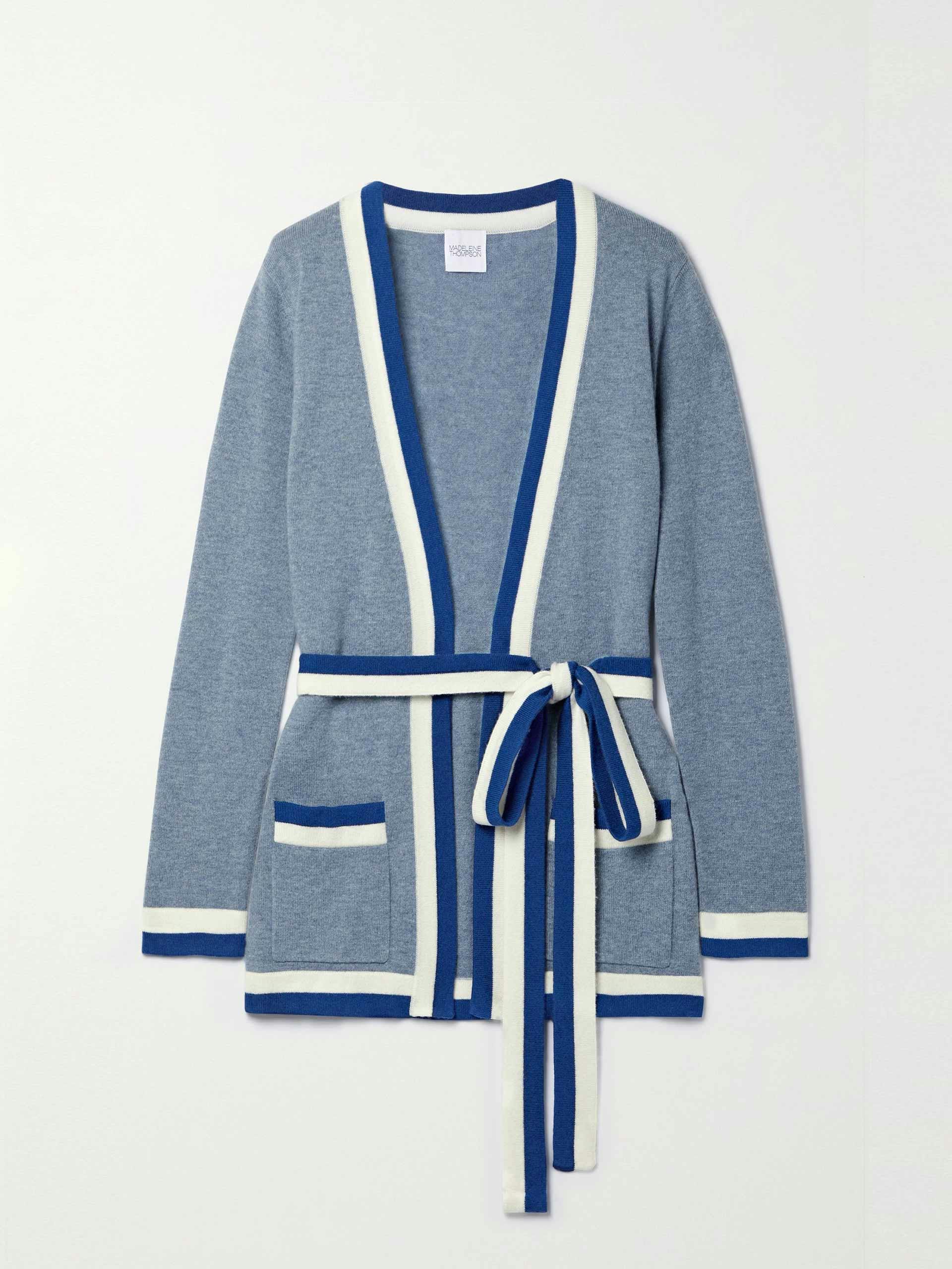 Belted striped wool and cashmere-blend cardigan