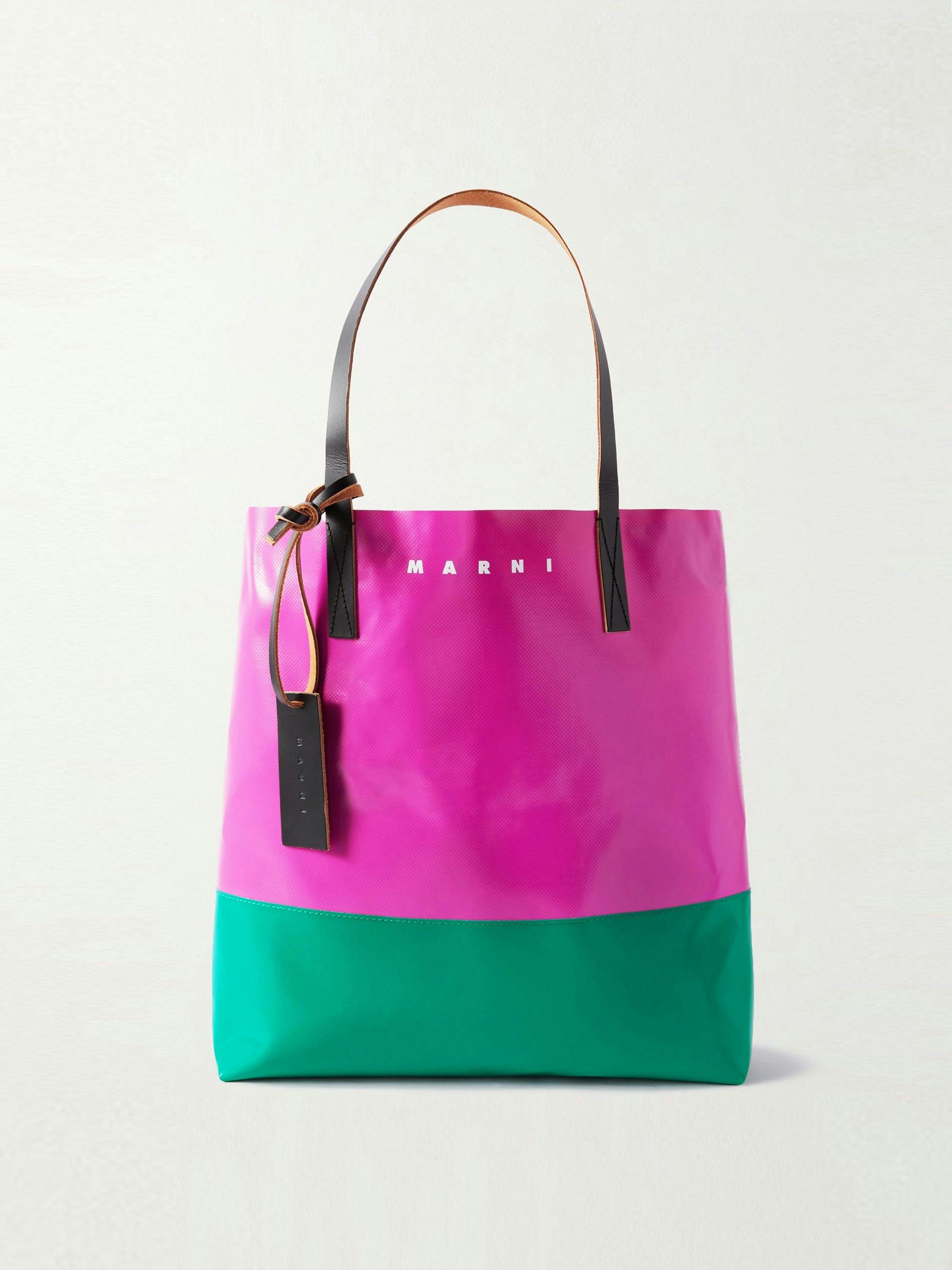 Shopping leather-trimmed two-tone coated-PVC tote