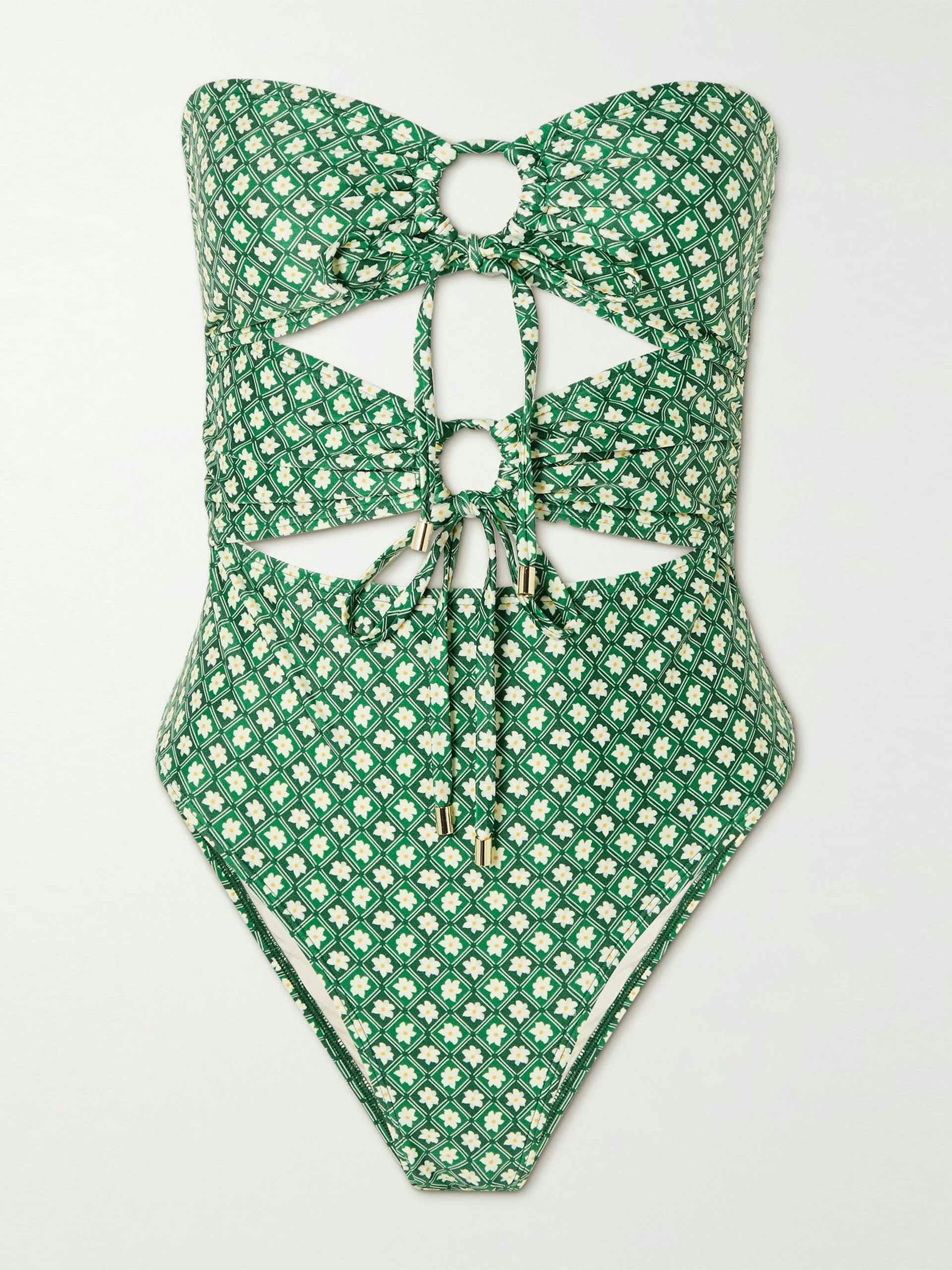 Green floral print strapless swimsuit