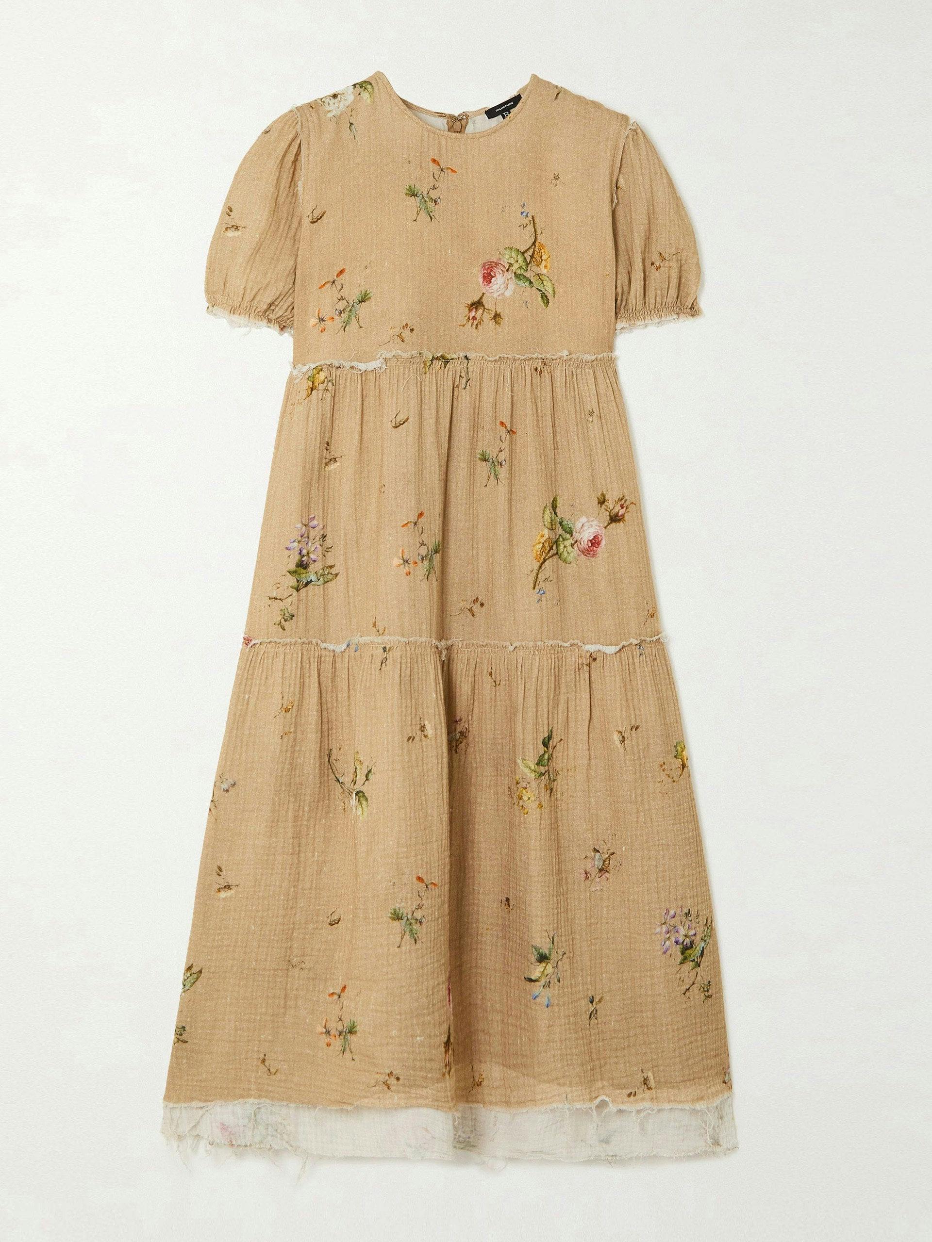 Distressed floral-print cotton-voile midi dress