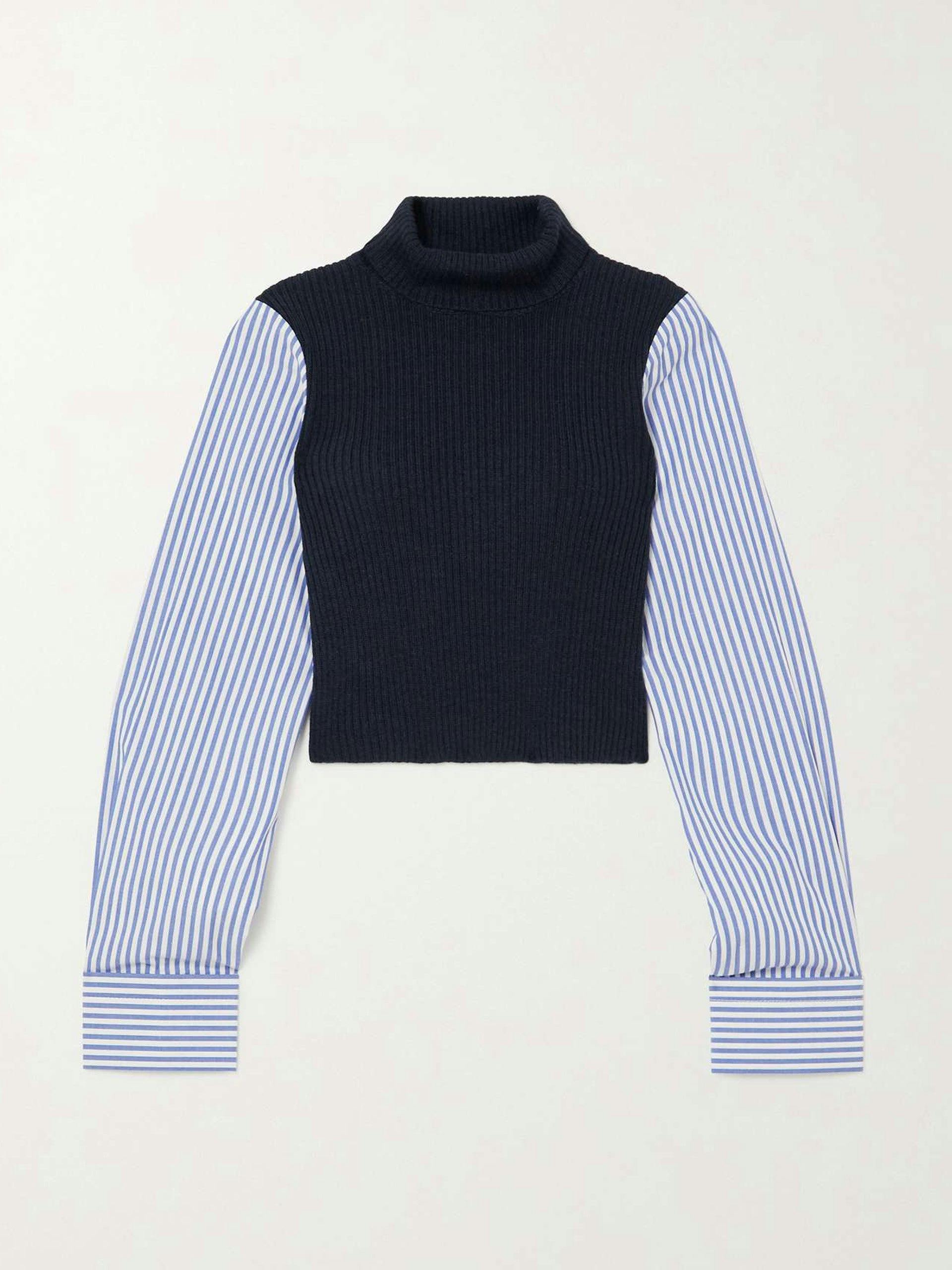 Navy ribbed wool and striped poplin top