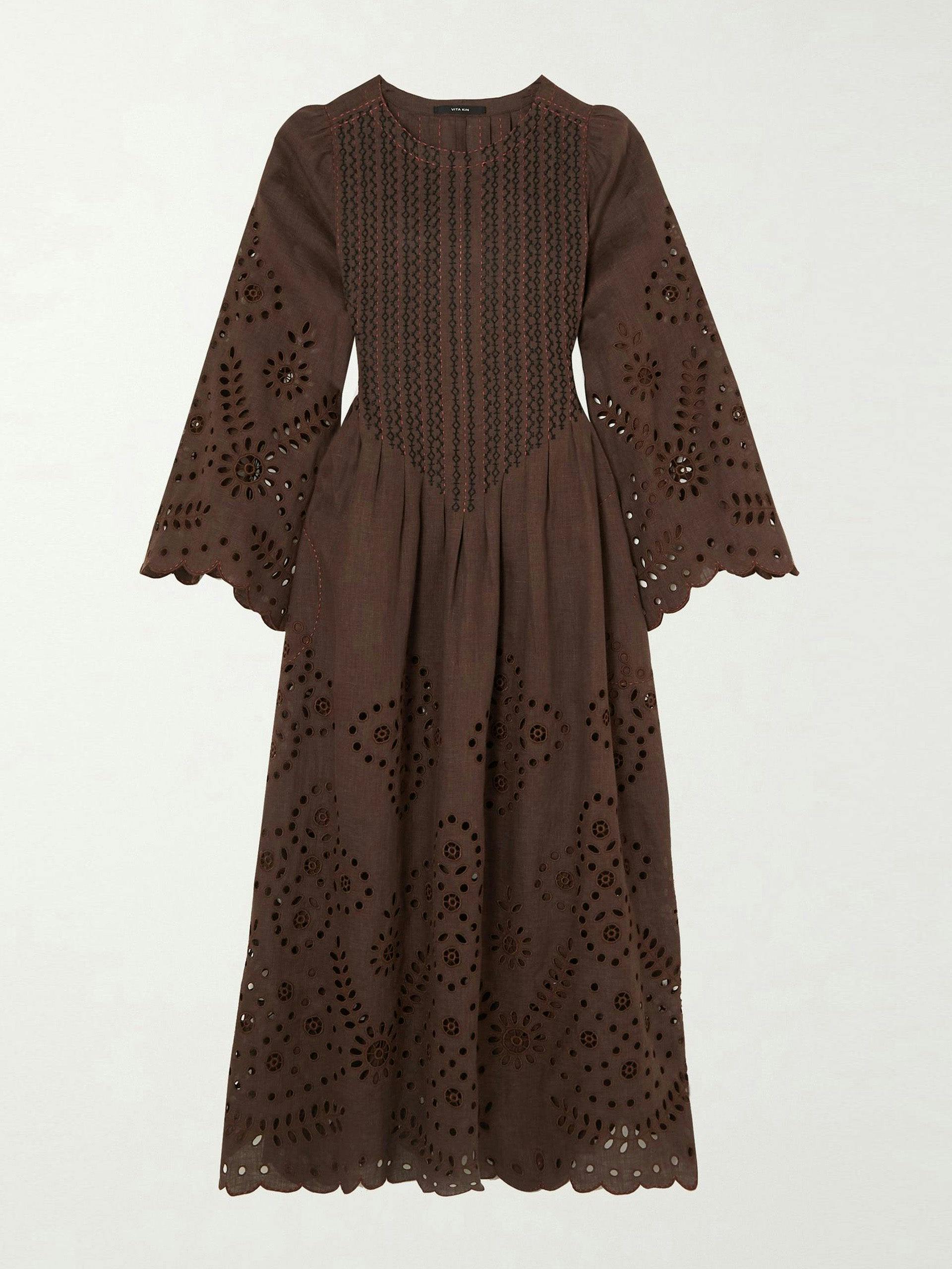 Embroidered broderie anglaise linen midi dress in brown