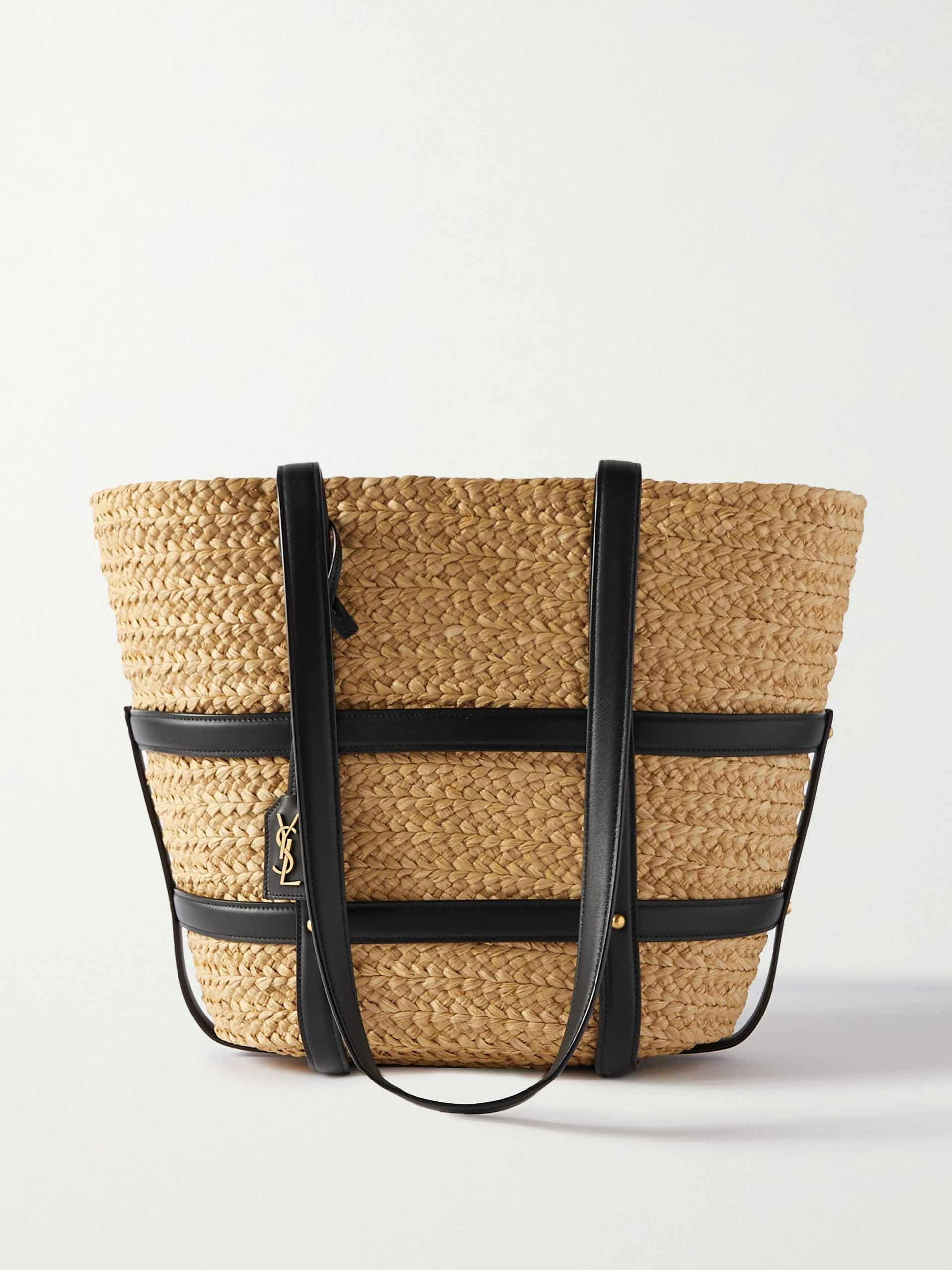 Studded leather trimmed woven raffia tote