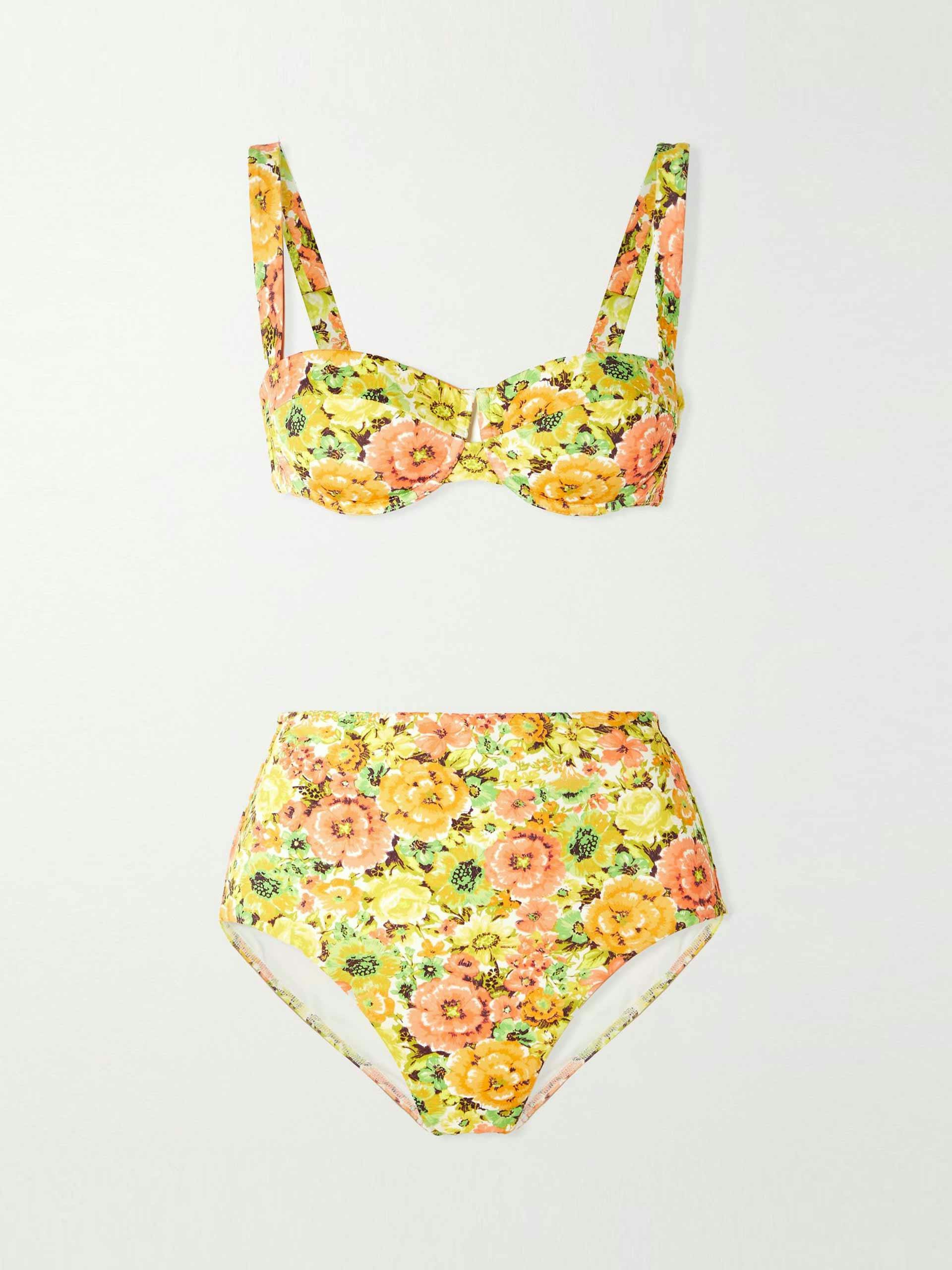 Yellow floral-print underwired bikini