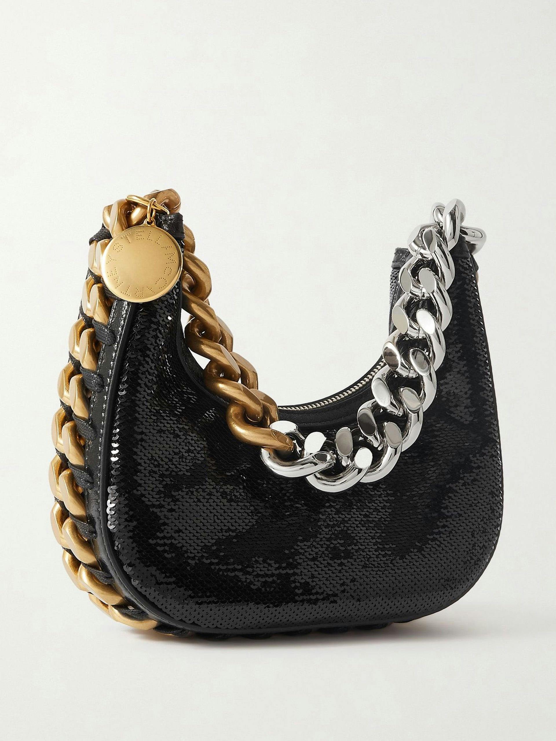 Sequined shoulder bag with chunky chains