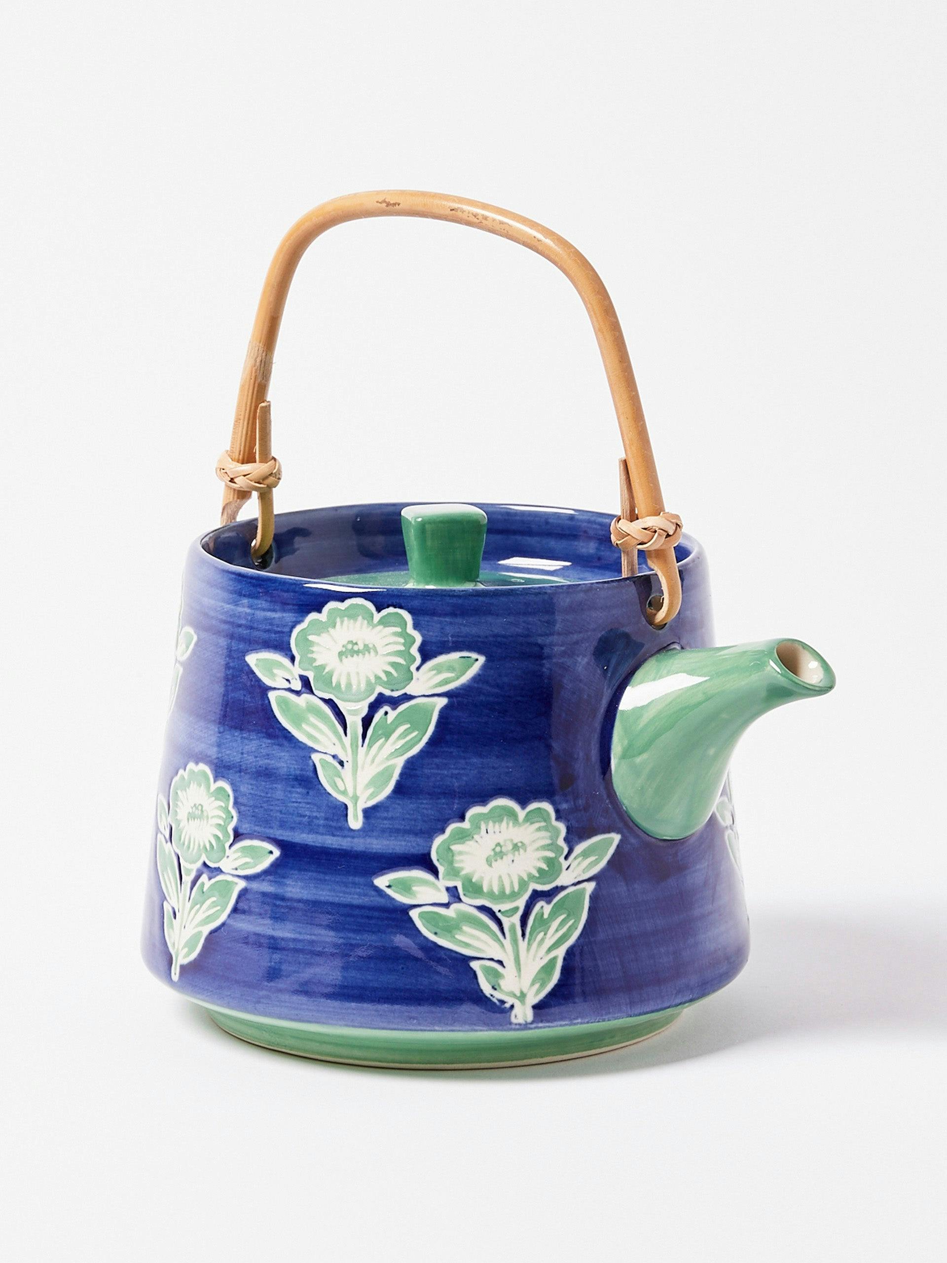 Dahlia floral blue ceramic teapot