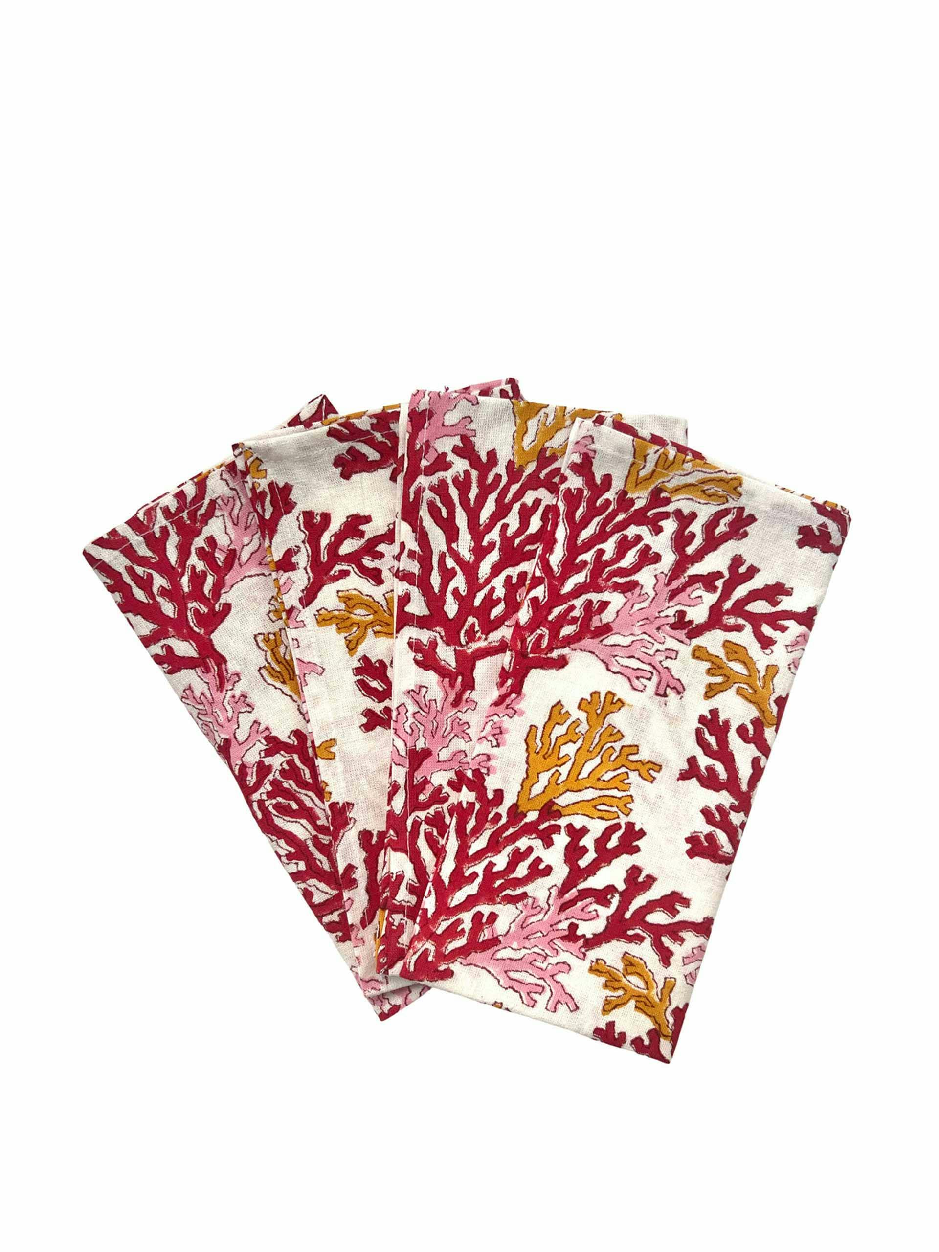 Multi coral block printed cotton napkins (set of 4)