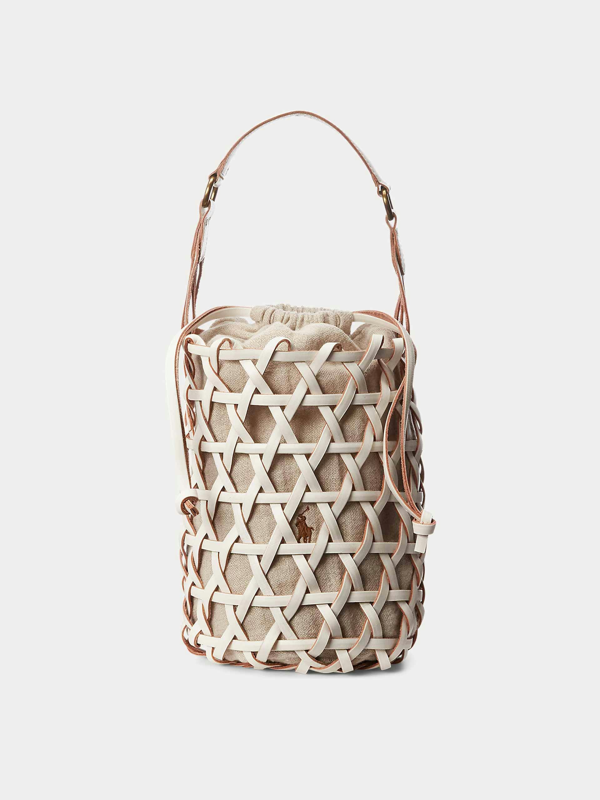 White leather weave bucket bag