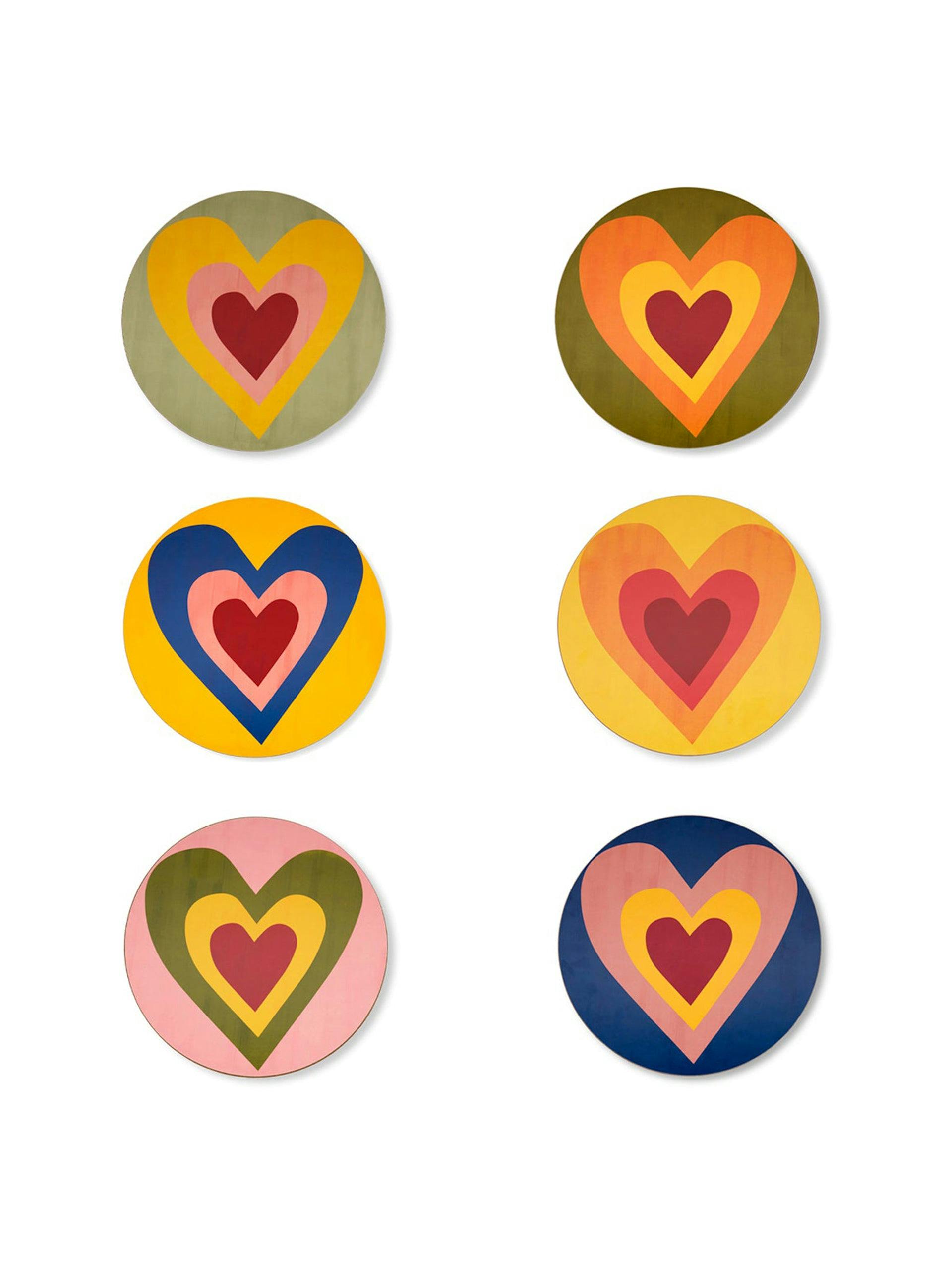 Heart cork-backed coasters in mixed colours (set of 6)