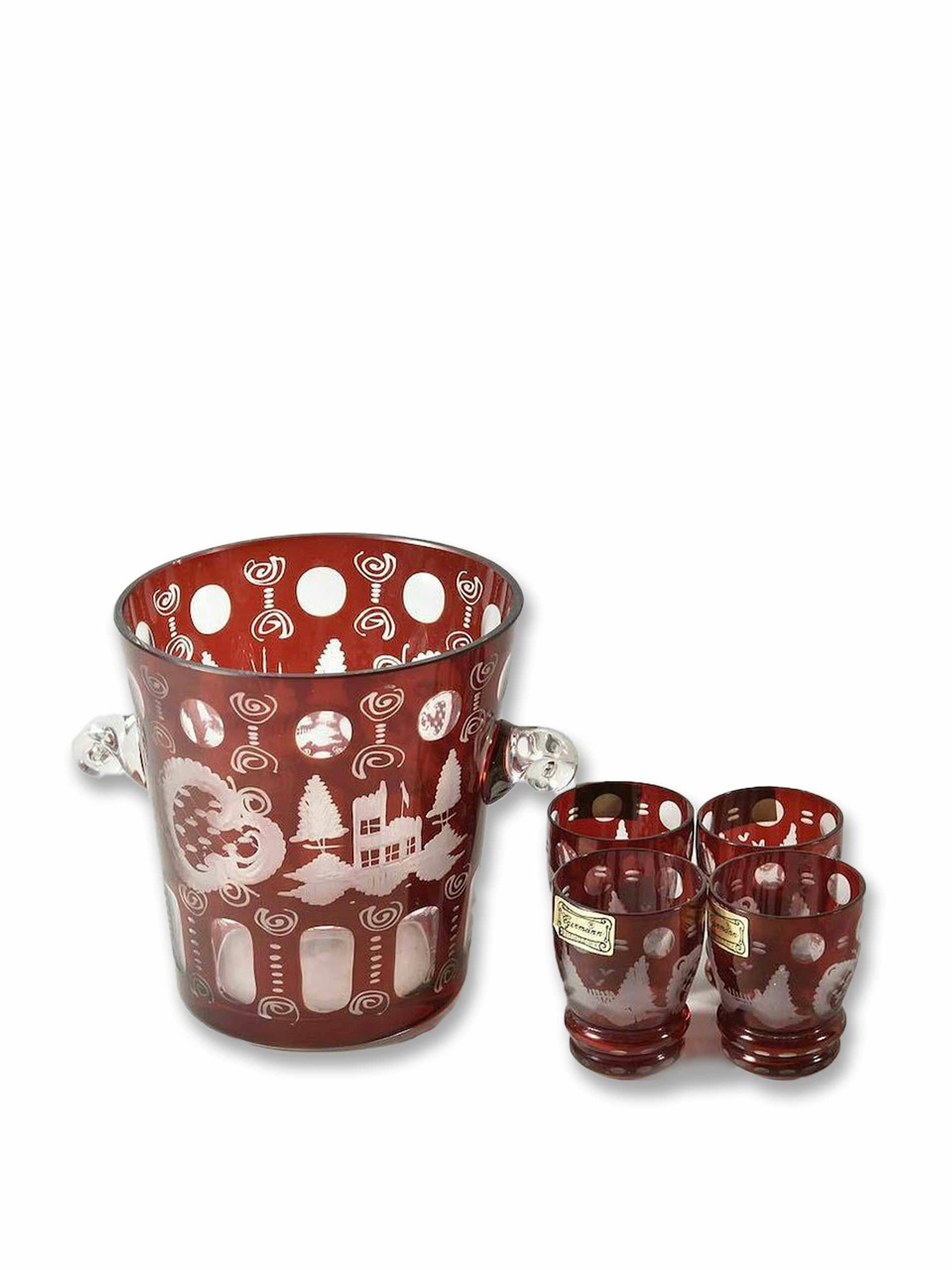 Red wine cooler with matching shot glasses