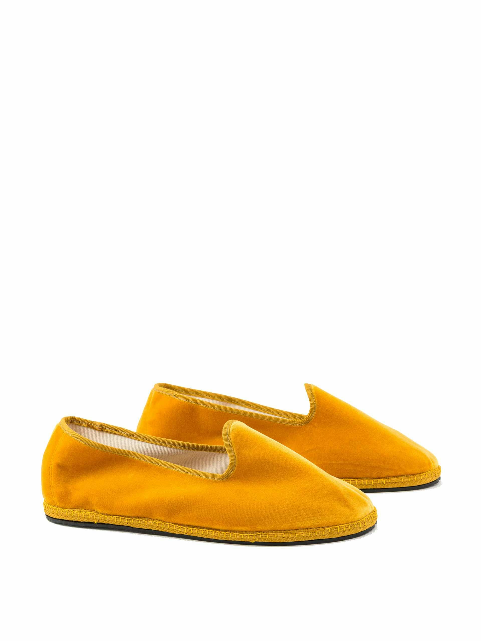 Hand made velvet slippers with rubber sole in yellow