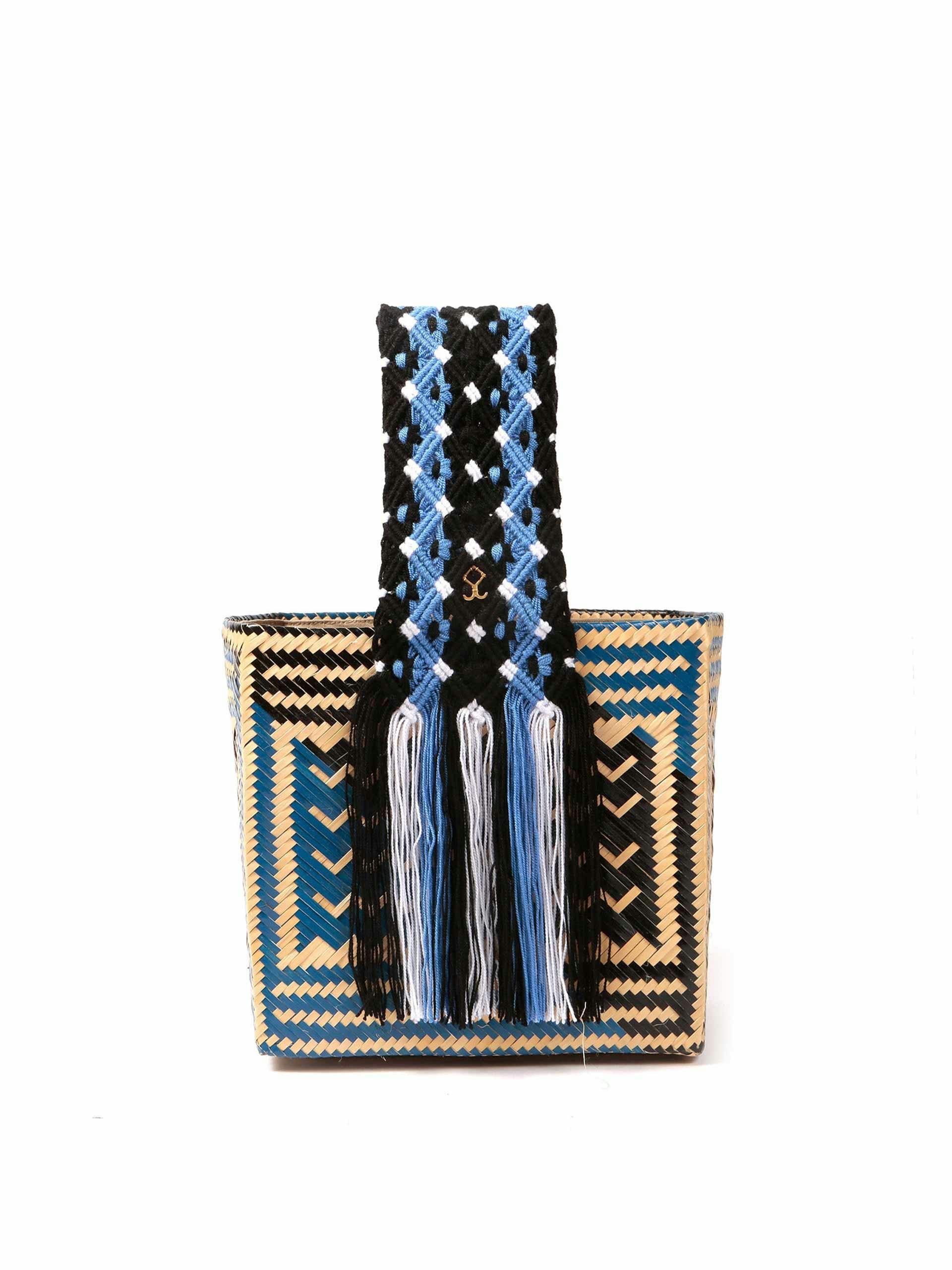 Black and blue woven straw bag