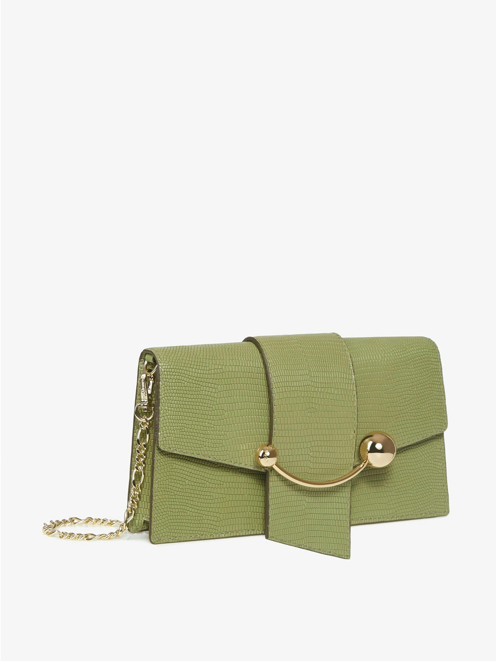 Lizard embossed olive leather Crescent bag, on a chain
