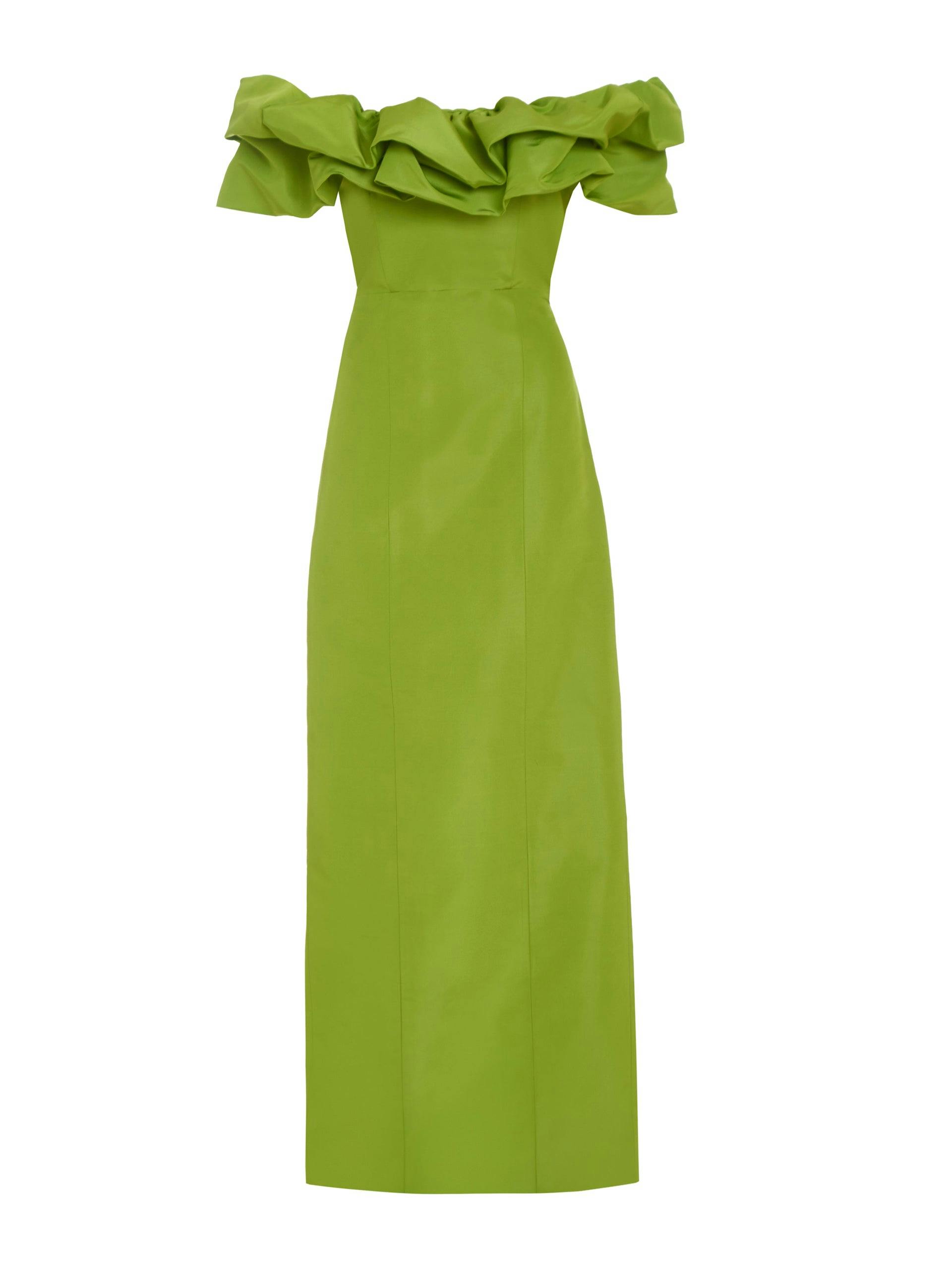 Etta chartreuse silk faille ruffle gown