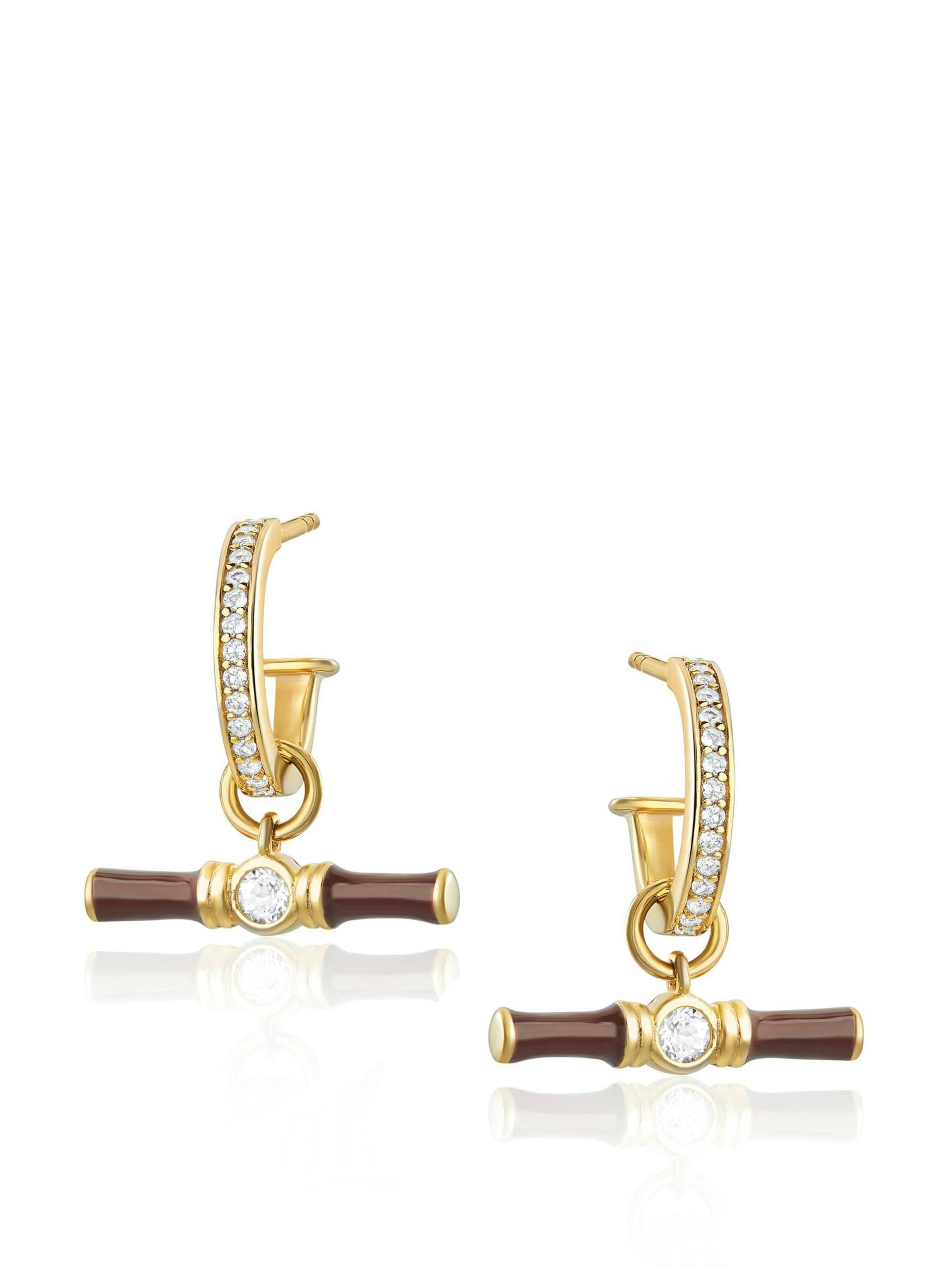 White topaz and gold hoop earrings with brown enamel t-bar charm