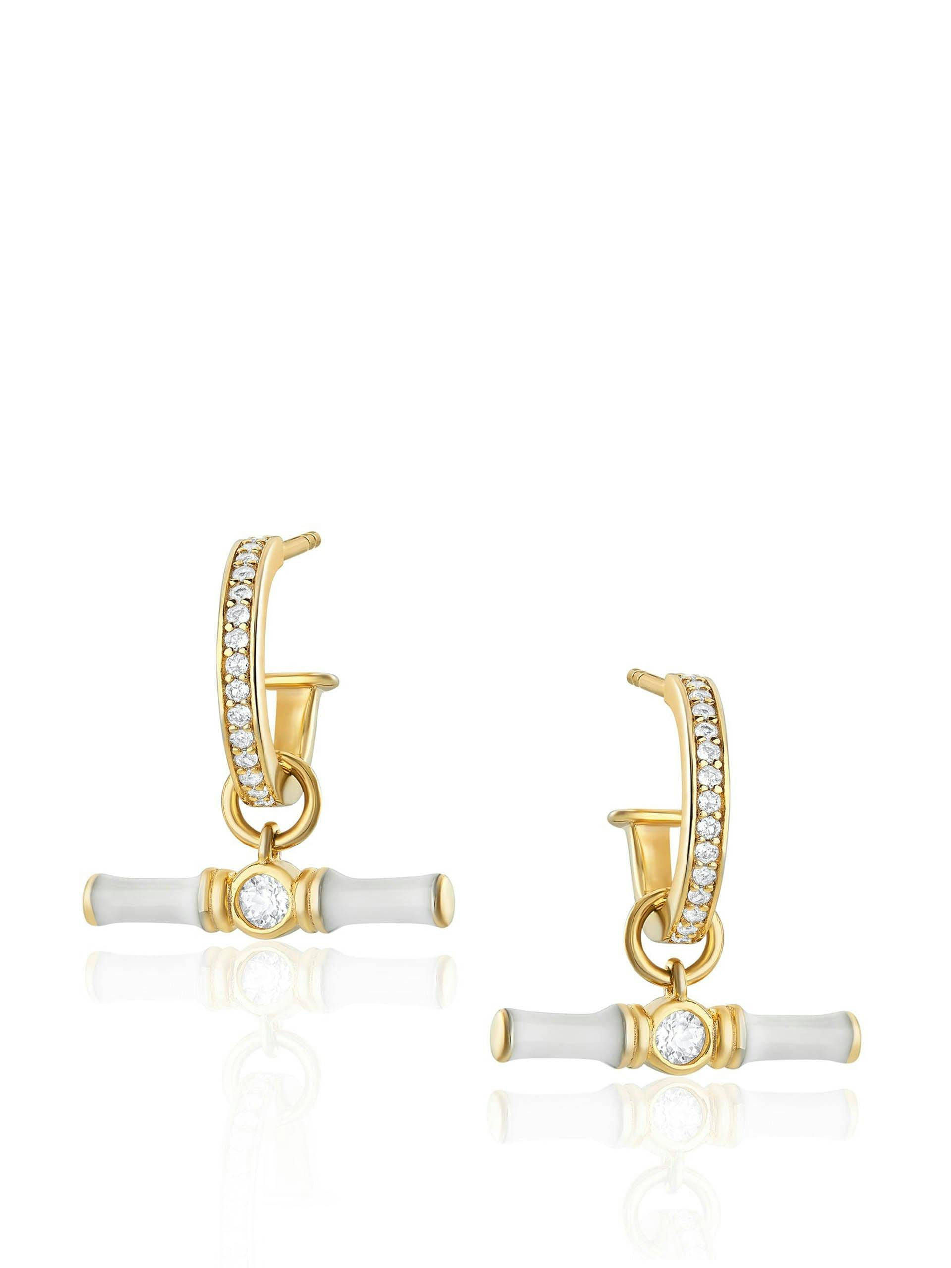 White topaz and gold Dyllan hoop earrings with white enamel t-bar charms