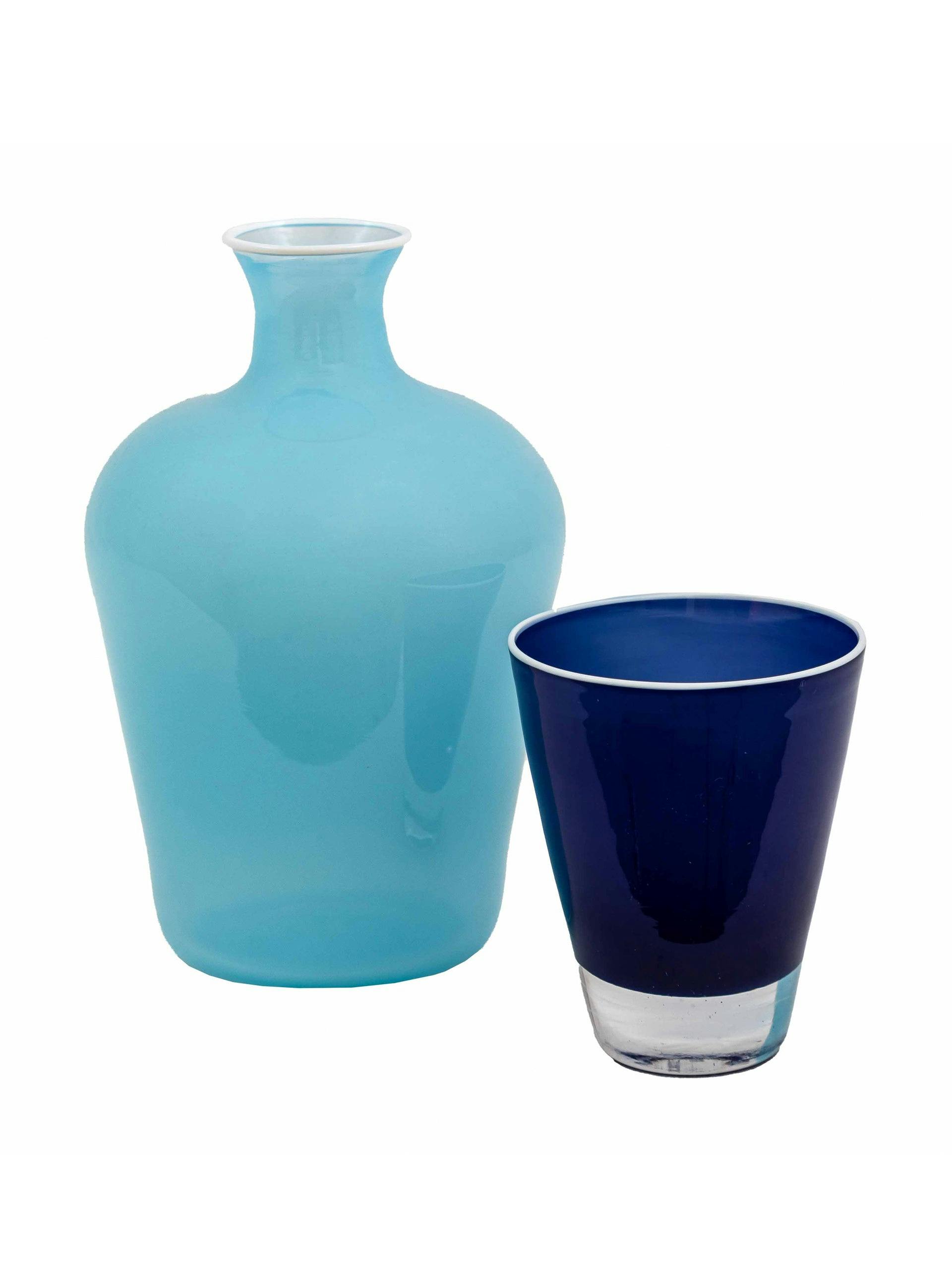 Bedside carafe and tumbler in sky and midnight blue