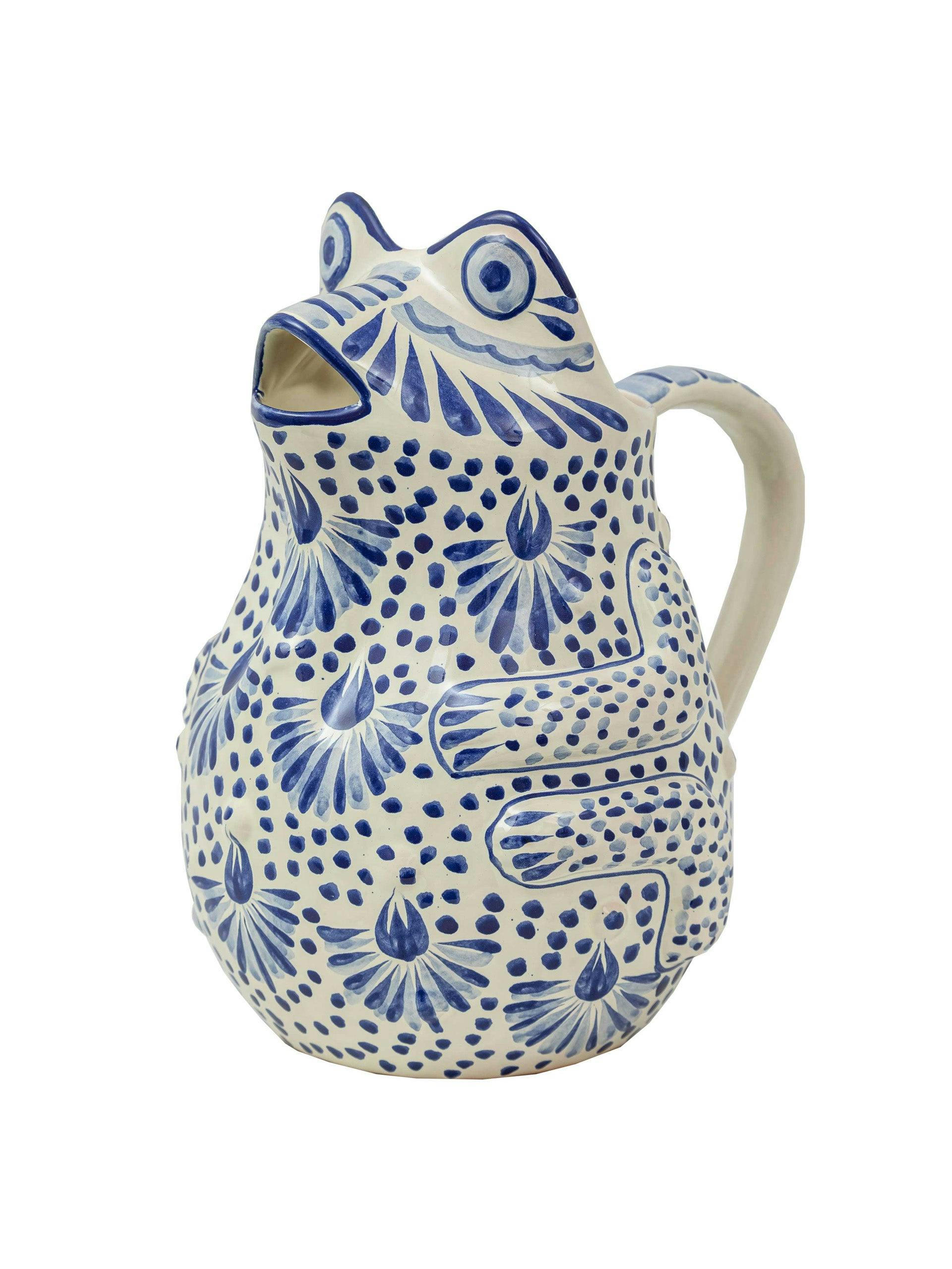 Frog water pitcher in blue and white
