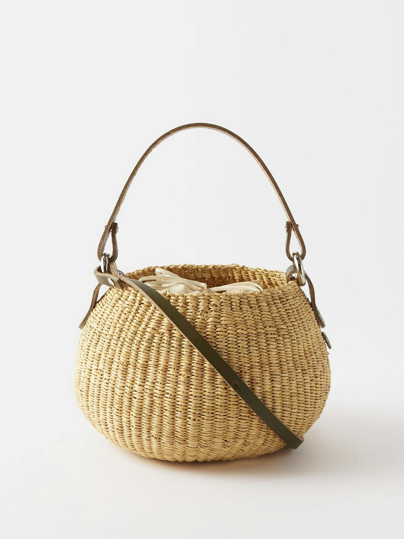 Leather-trim woven basket bag