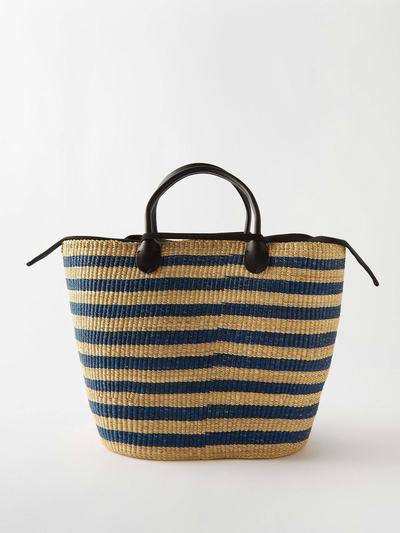 Navy striped straw basket bag
