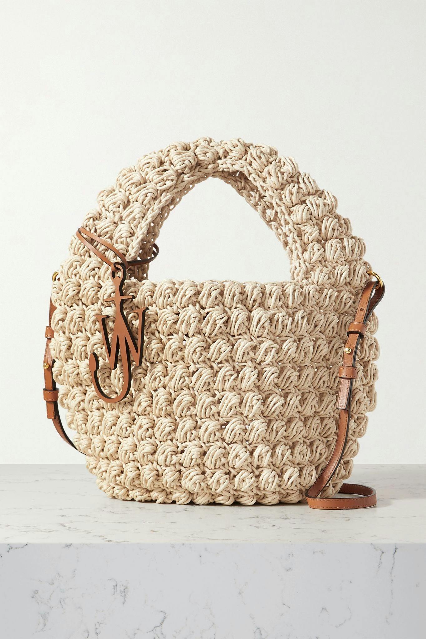 Cream leather-trimmed knitted cotton tote