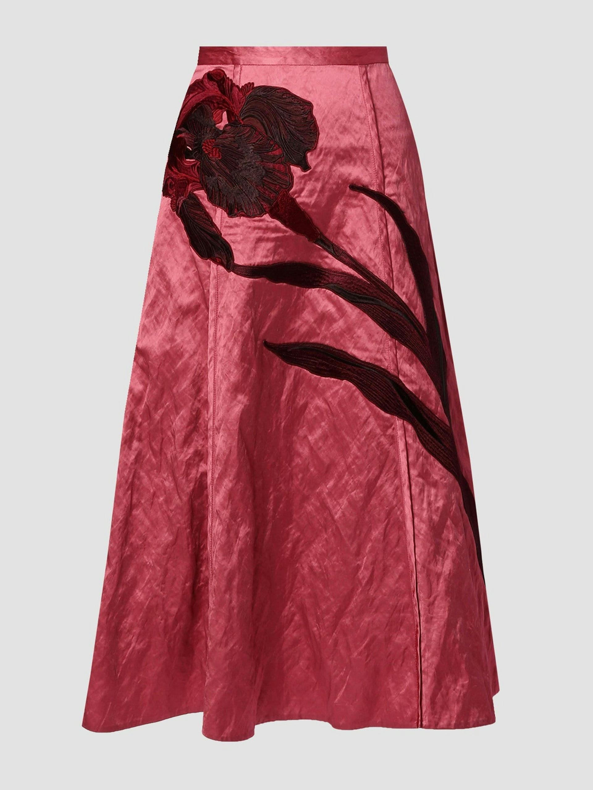 Iris-embroidered crinkled-satin midi skirt