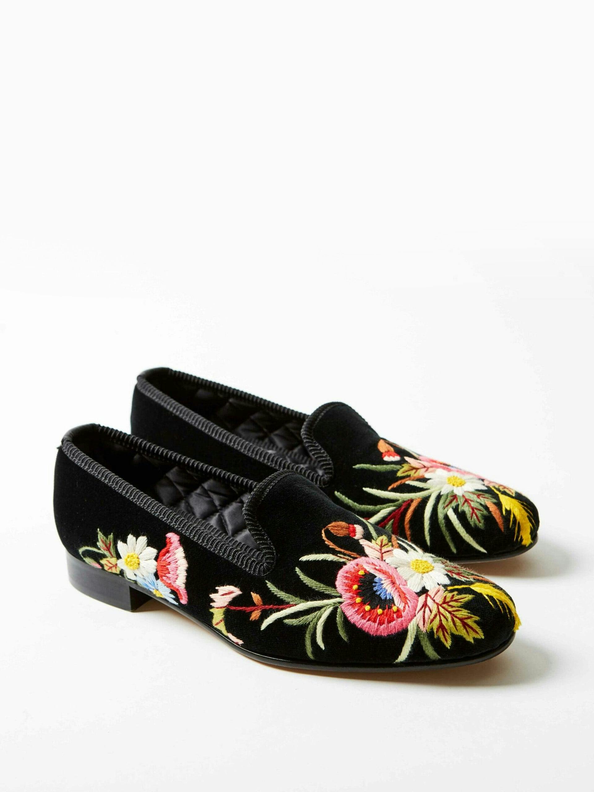 Black velvet embroidered albert slippers