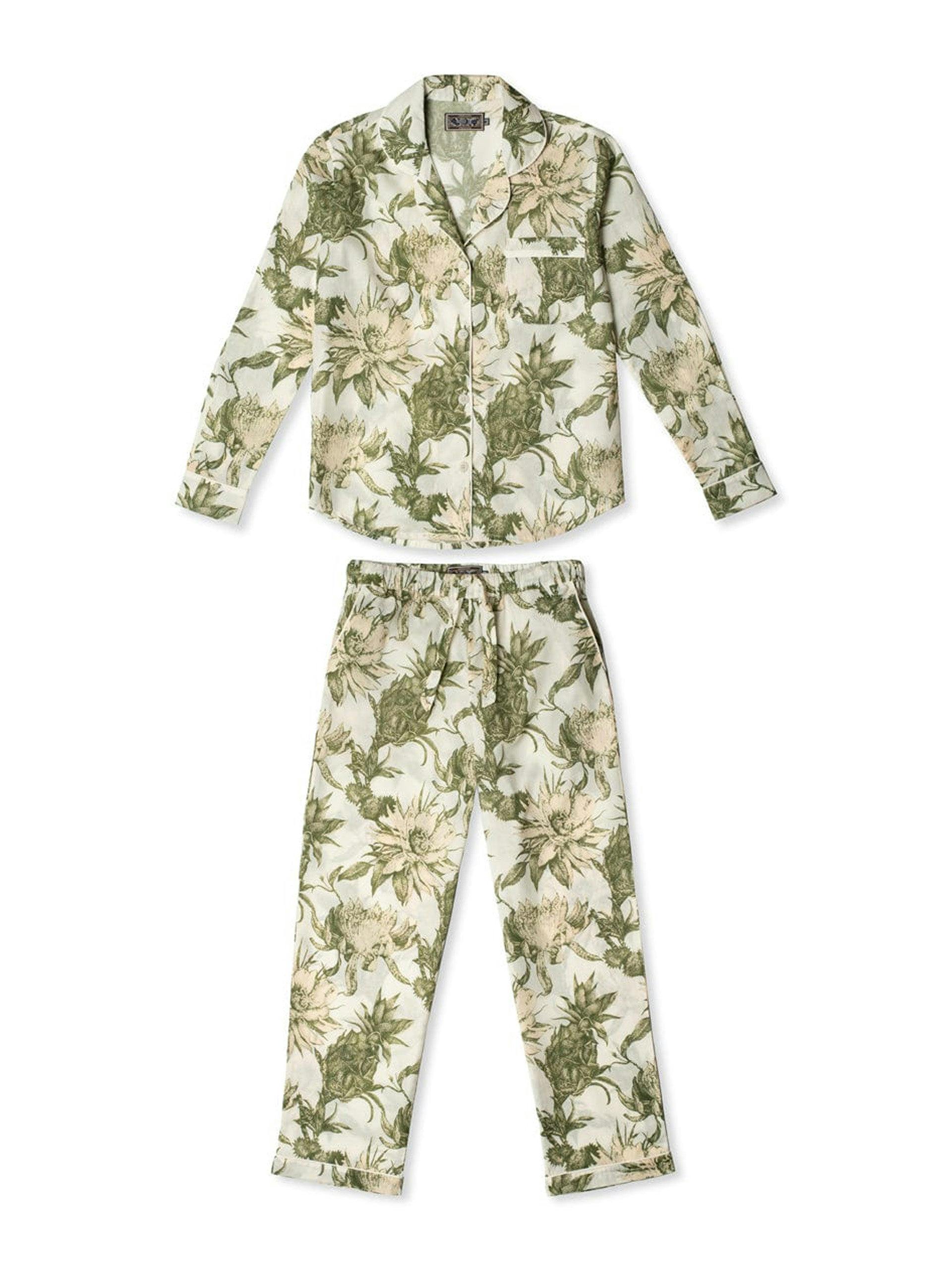 Cream and green night bloom print long pyjama set