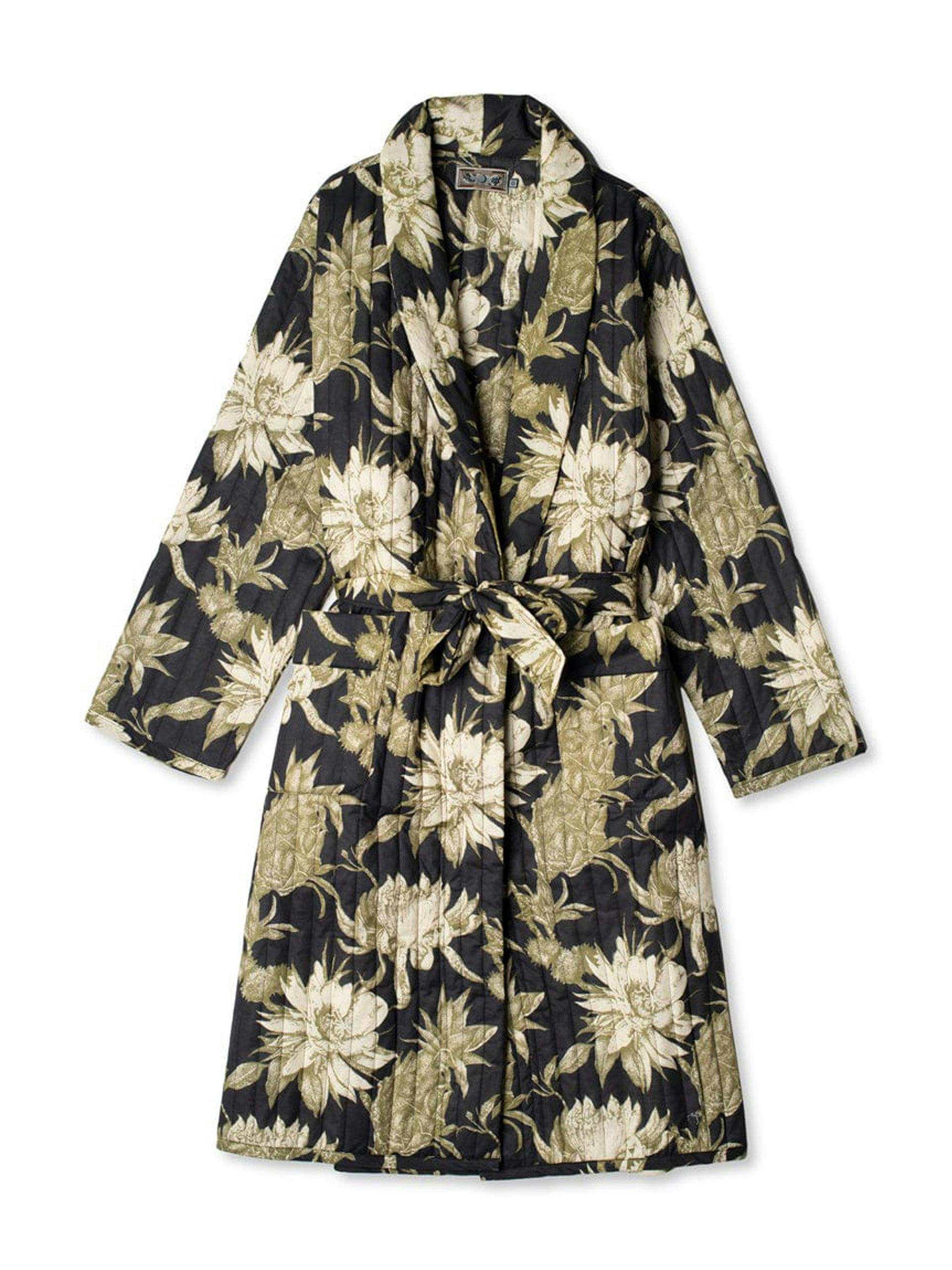 Black and green night bloom print quilted robe