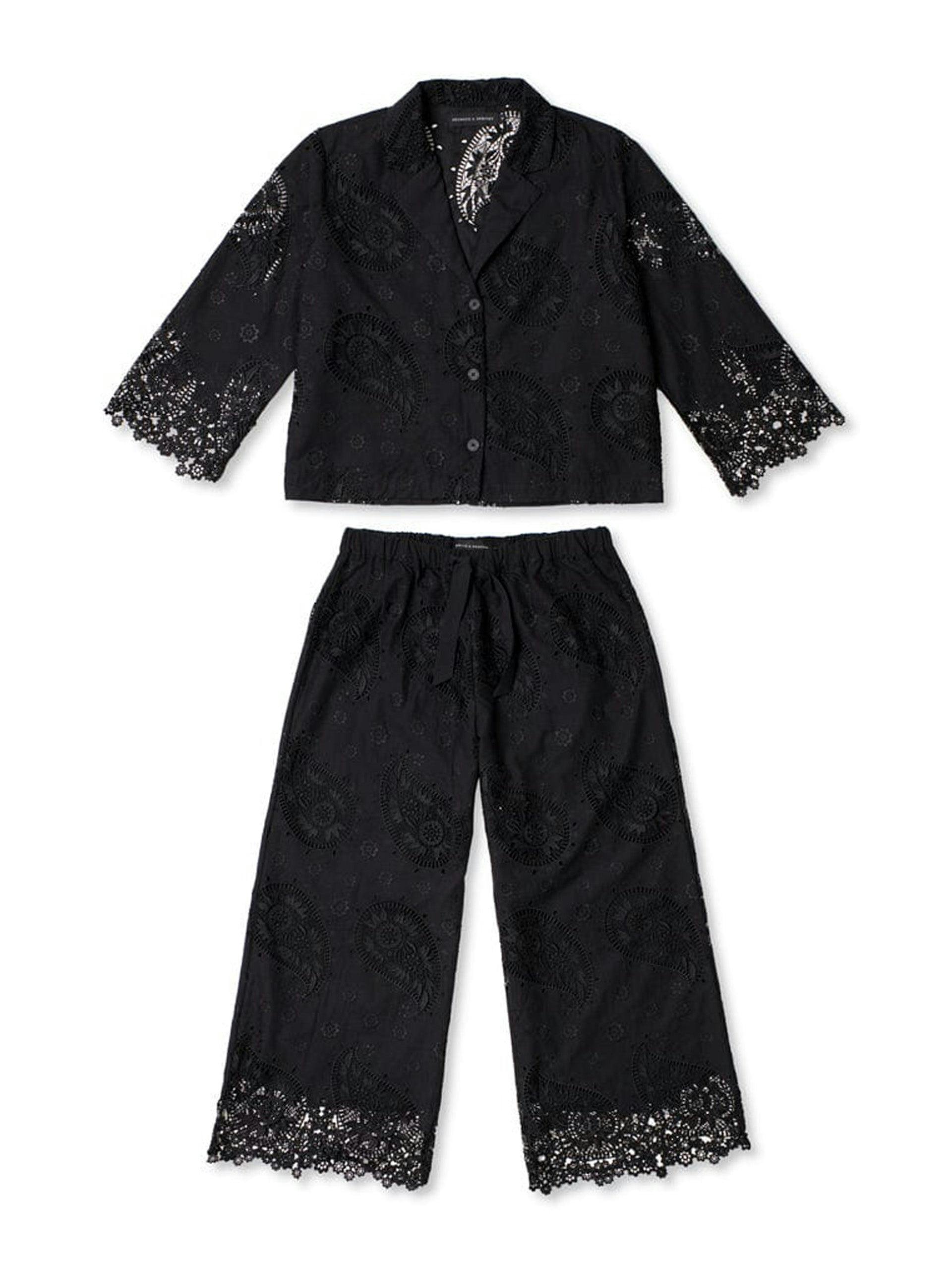 Black broderie anglaise boxy shirt and wide-leg trouser set