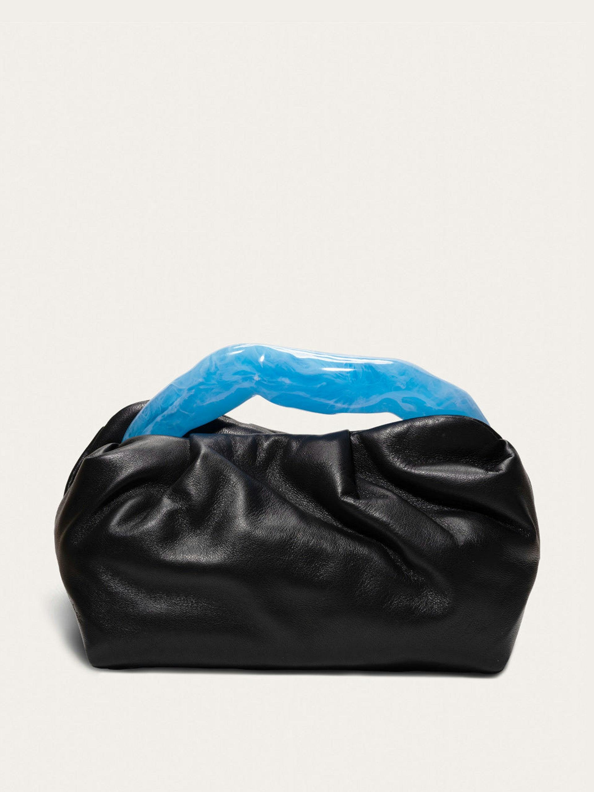 Blue resin and black leather clutch bag