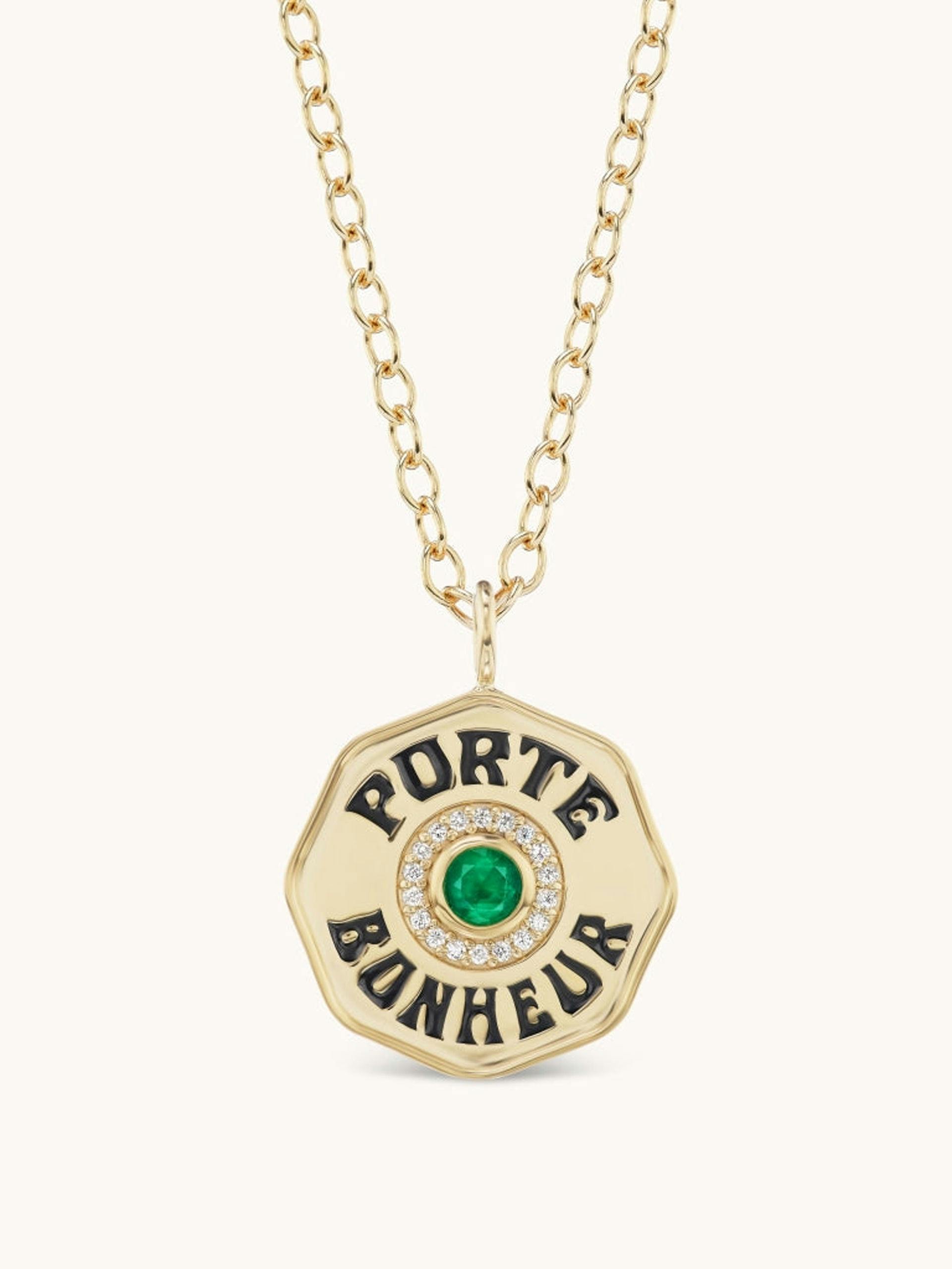 Large Porte Bonheur necklace with emerald bezel