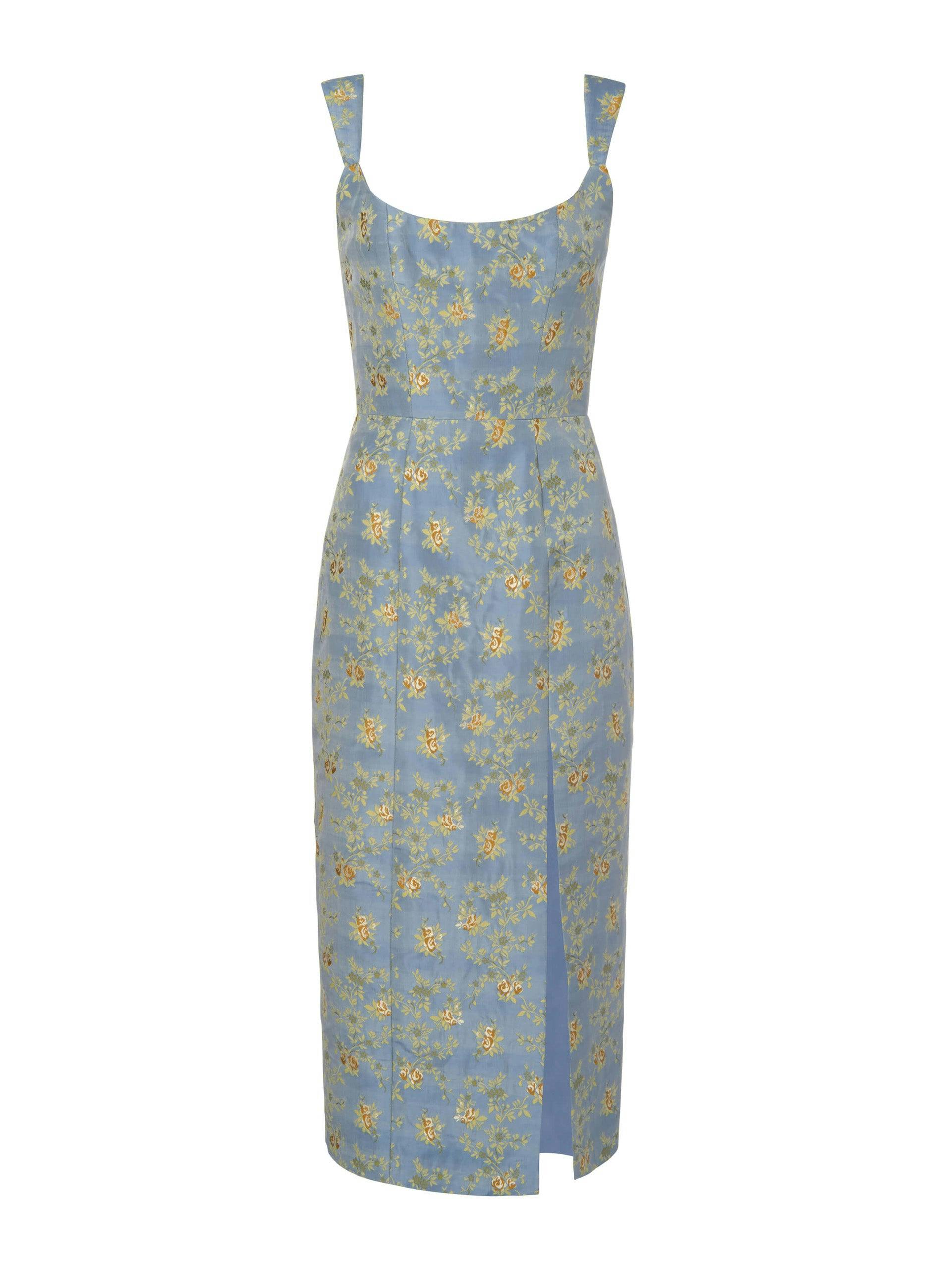 Claudette blue floral brocade corset dress