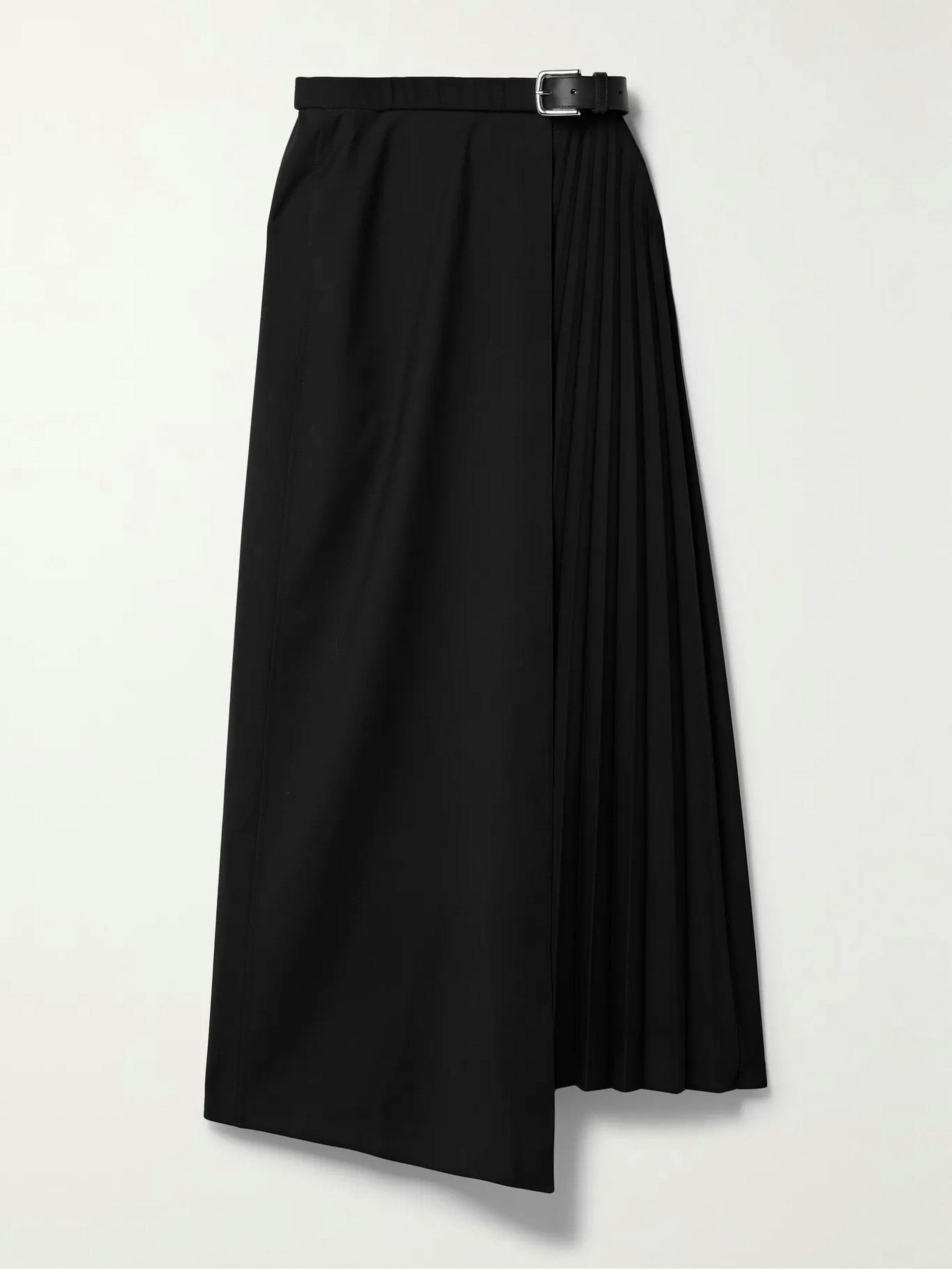 Belted pleated woven maxi wrap skirt