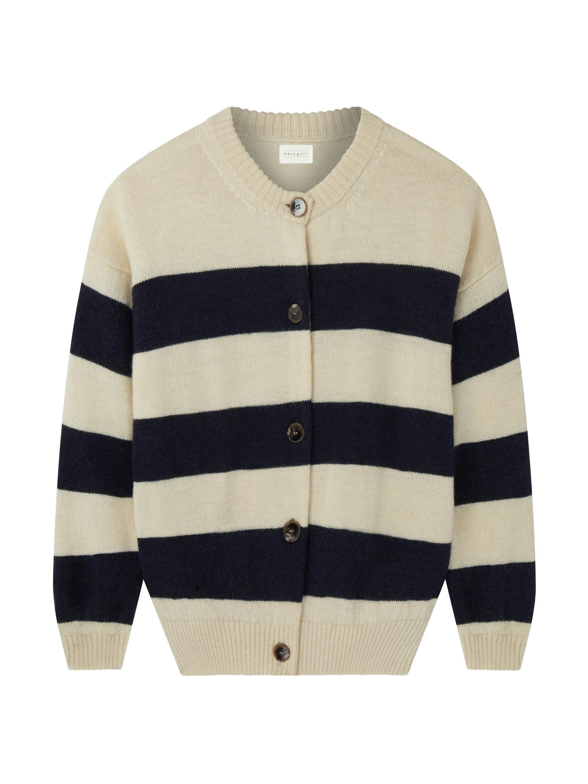 Undyed ecru and navy stripe wool Field cardigan