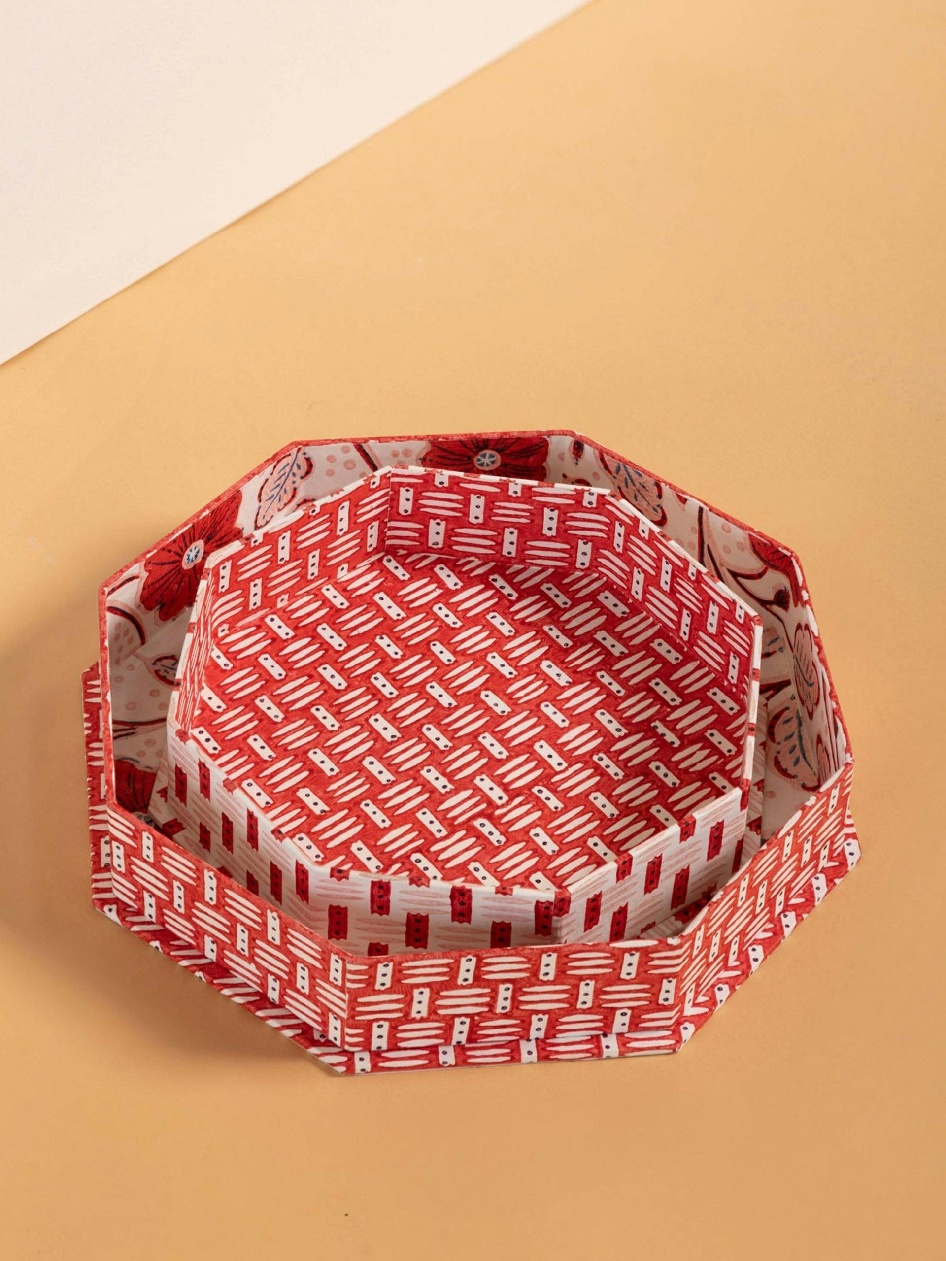 Red basketweave octagonal trays, set of 2