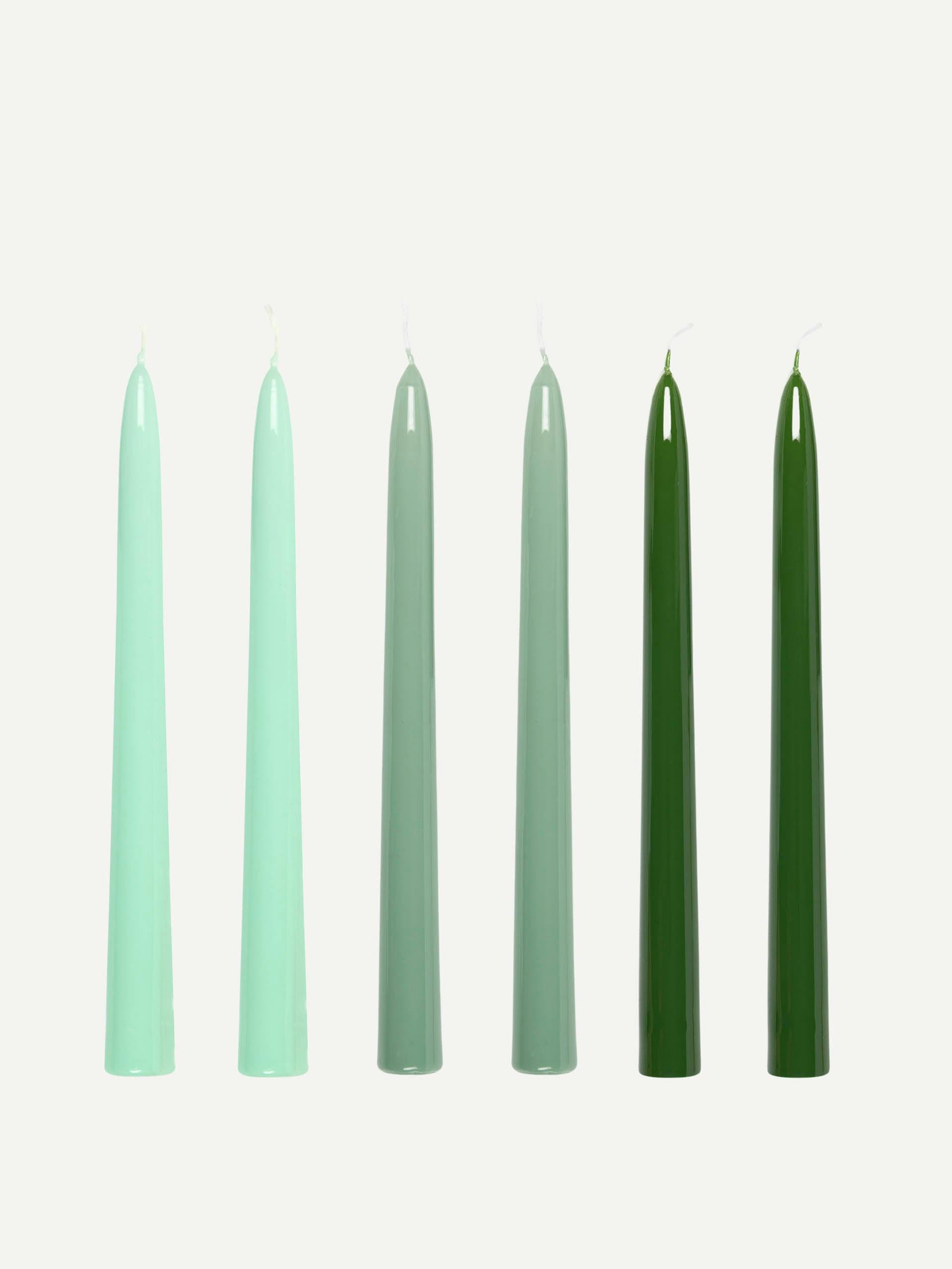 Lacquered taper candles in All The Greens (set of 6)