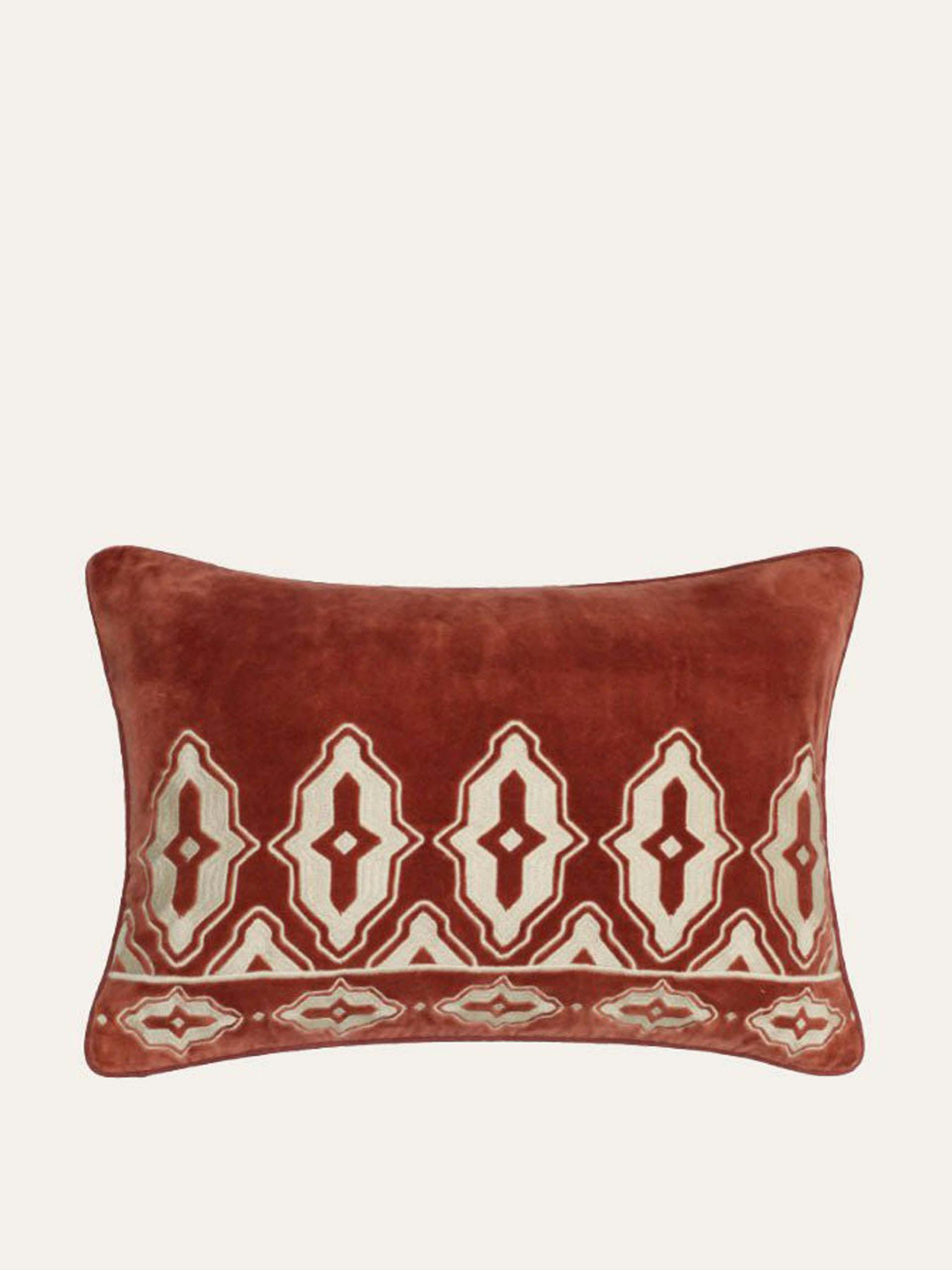 Carmine red velvet Tara embroidered cushion