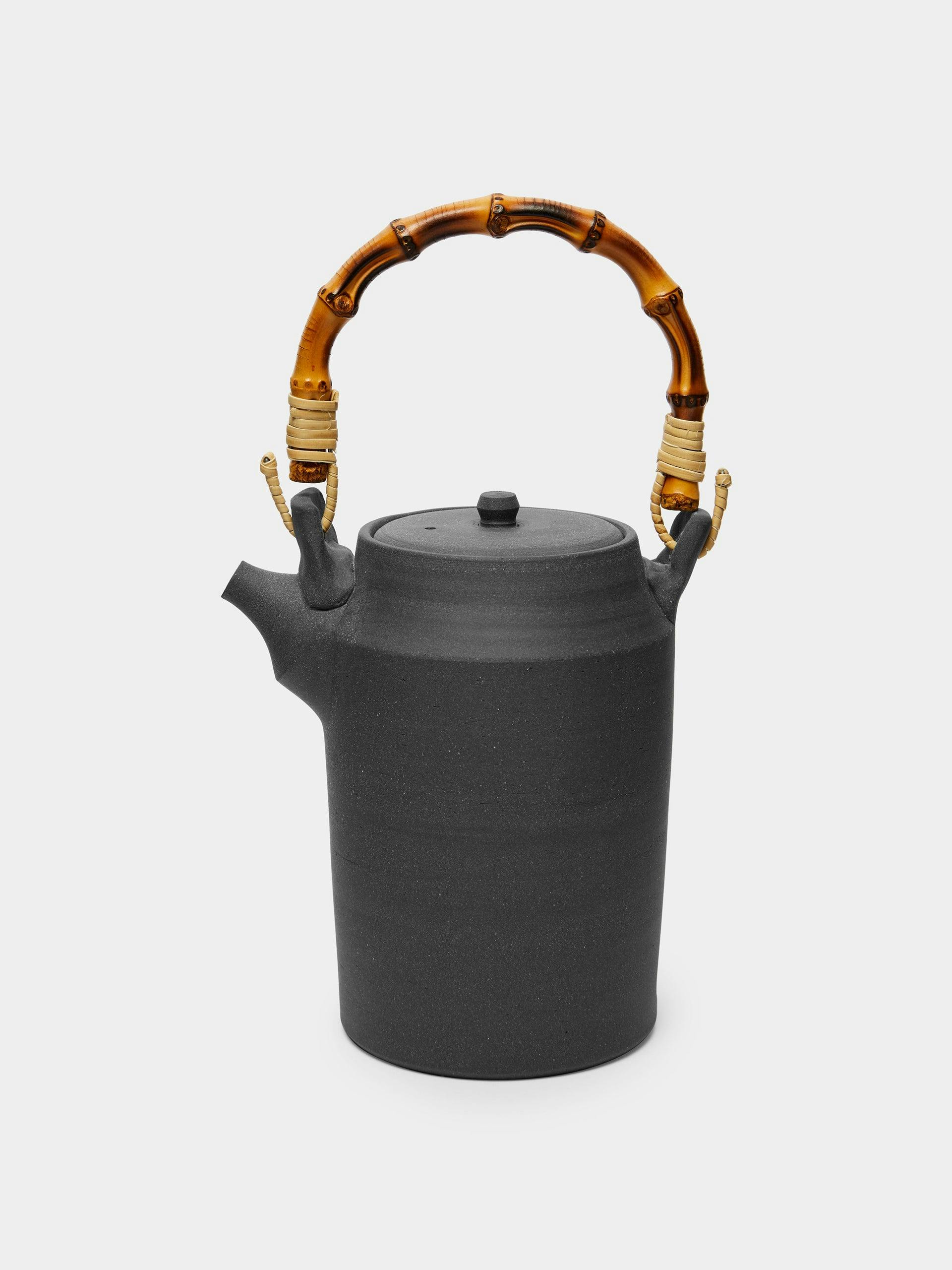 Black clay tall pot with bamboo handle