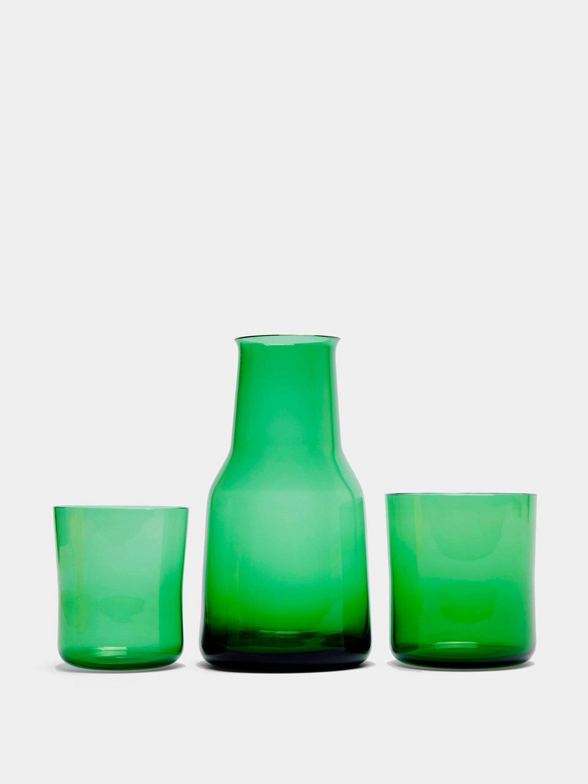 Green hand-blown Murano carafe and glasses (set of 3)