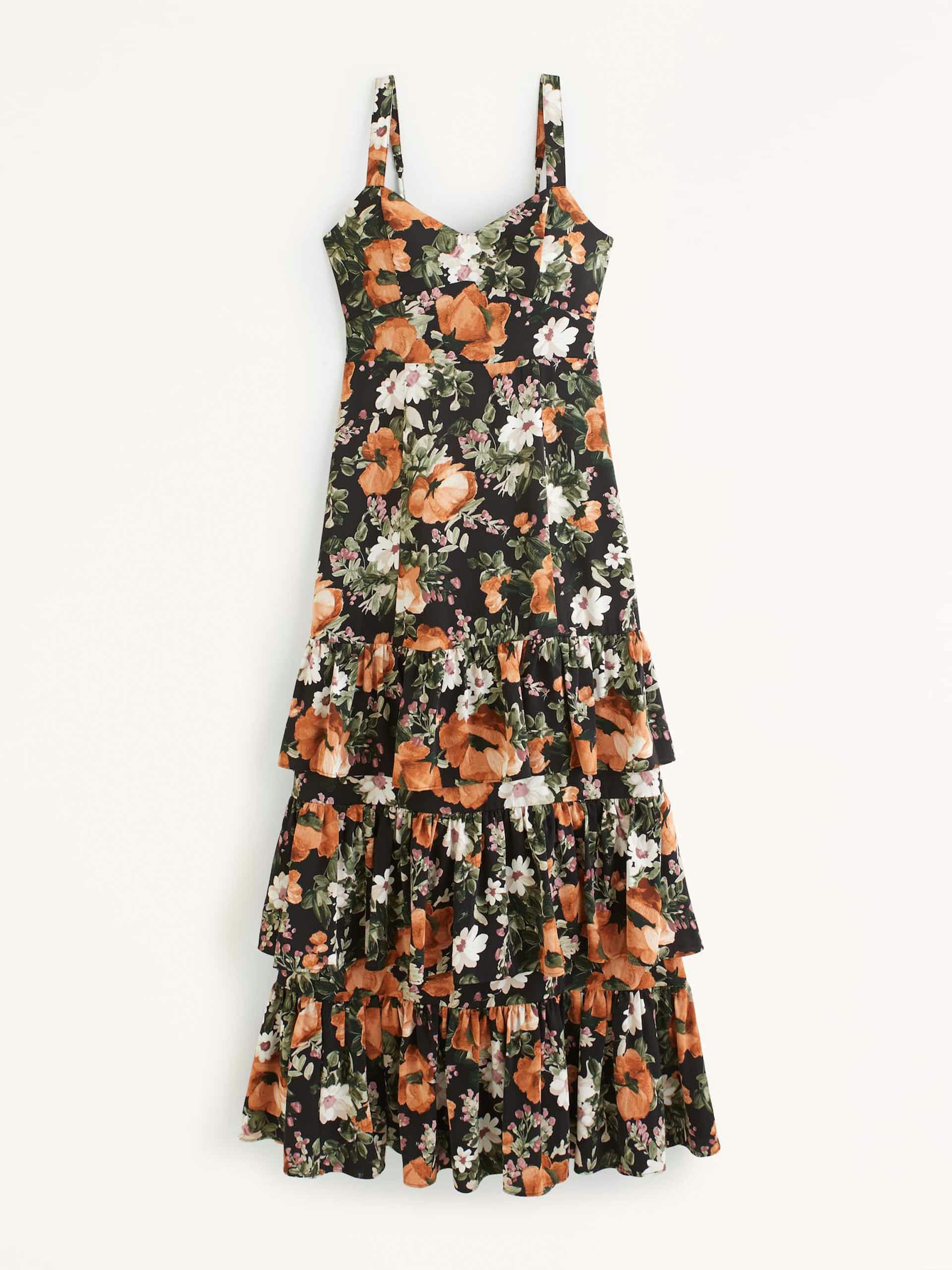 Ruffled tiered maxi dress in Black Floral