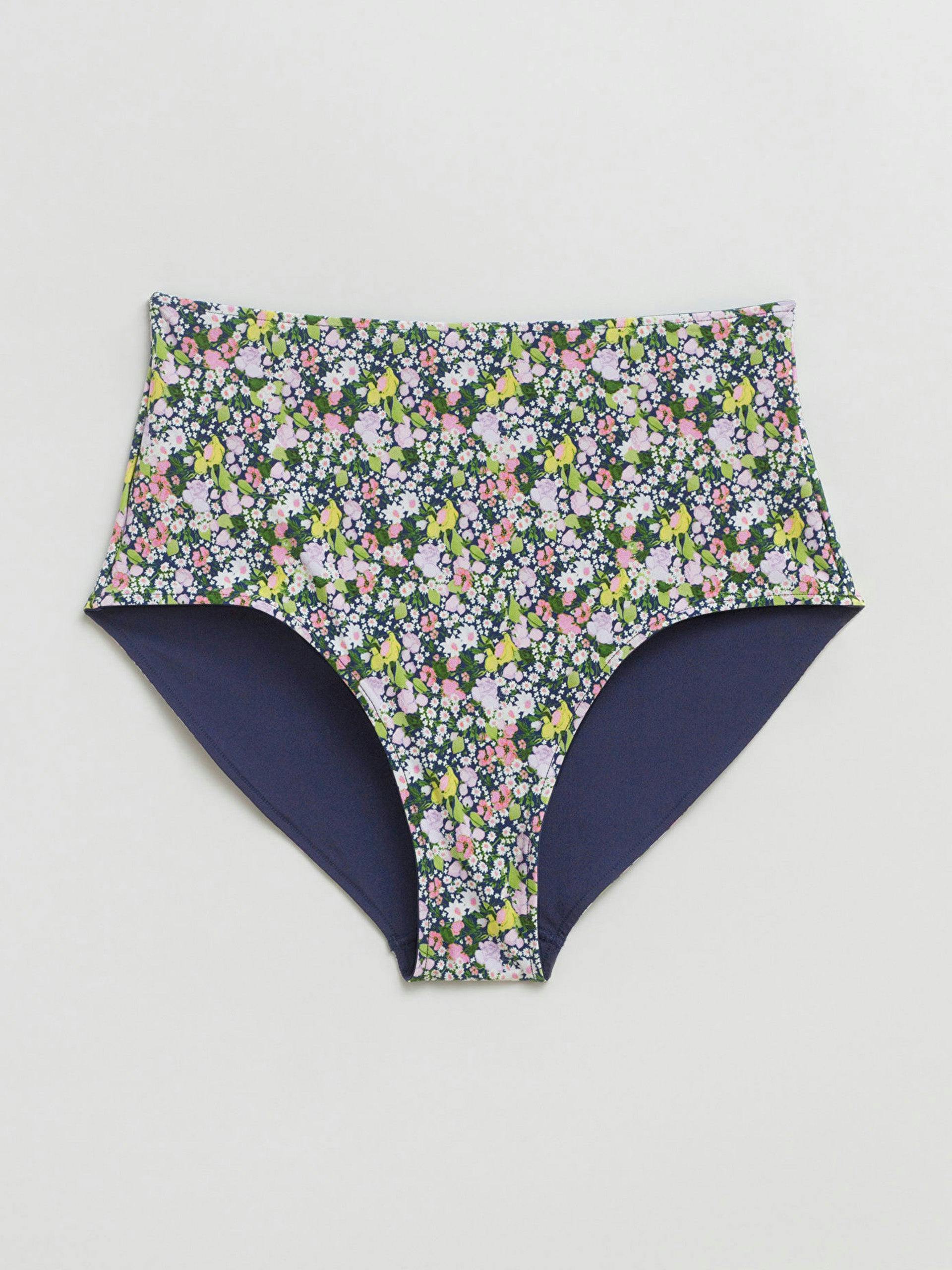 Floral-print reversible high-waist bikini bottoms
