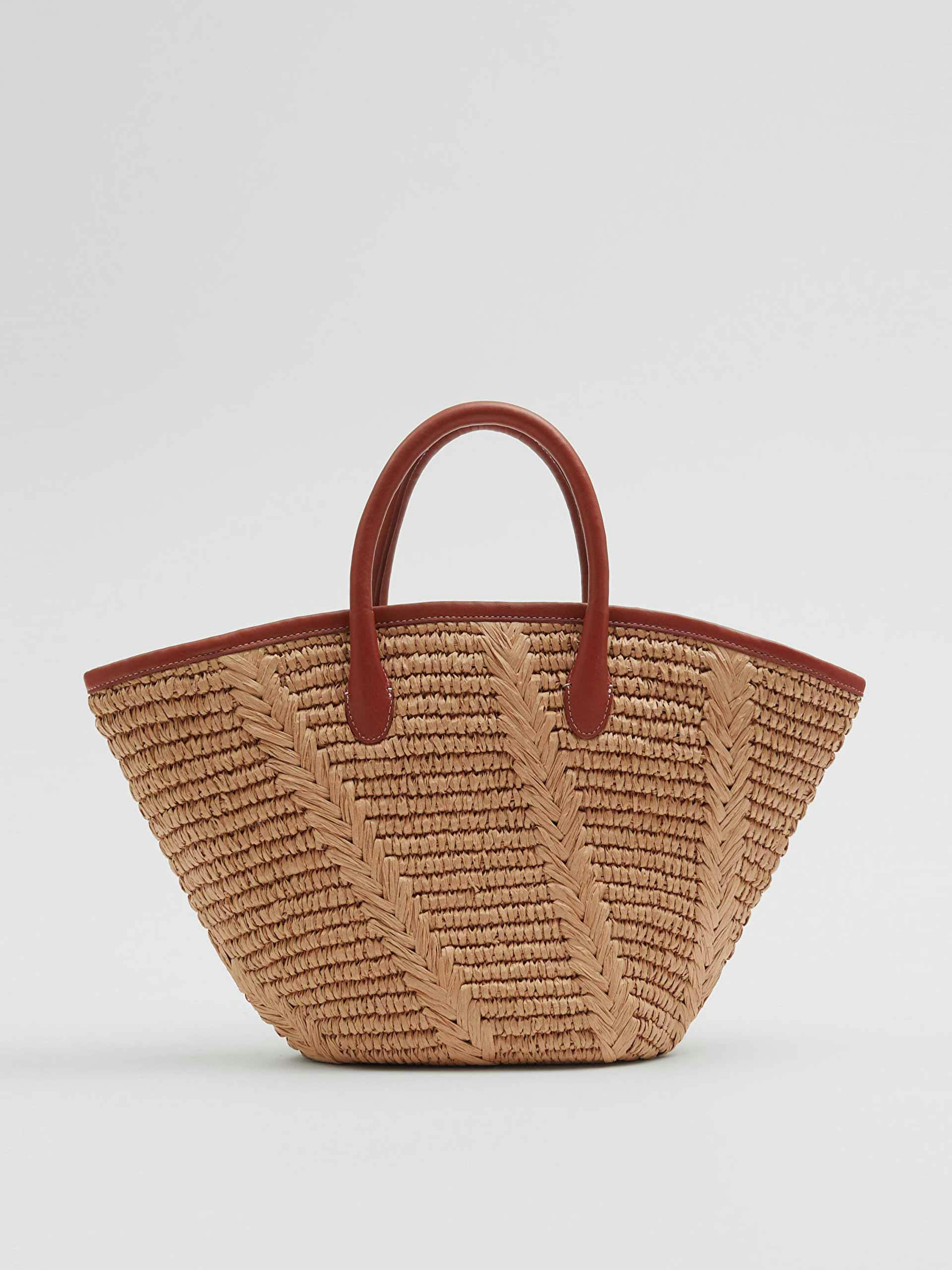 Leather trimmed straw tote bag
