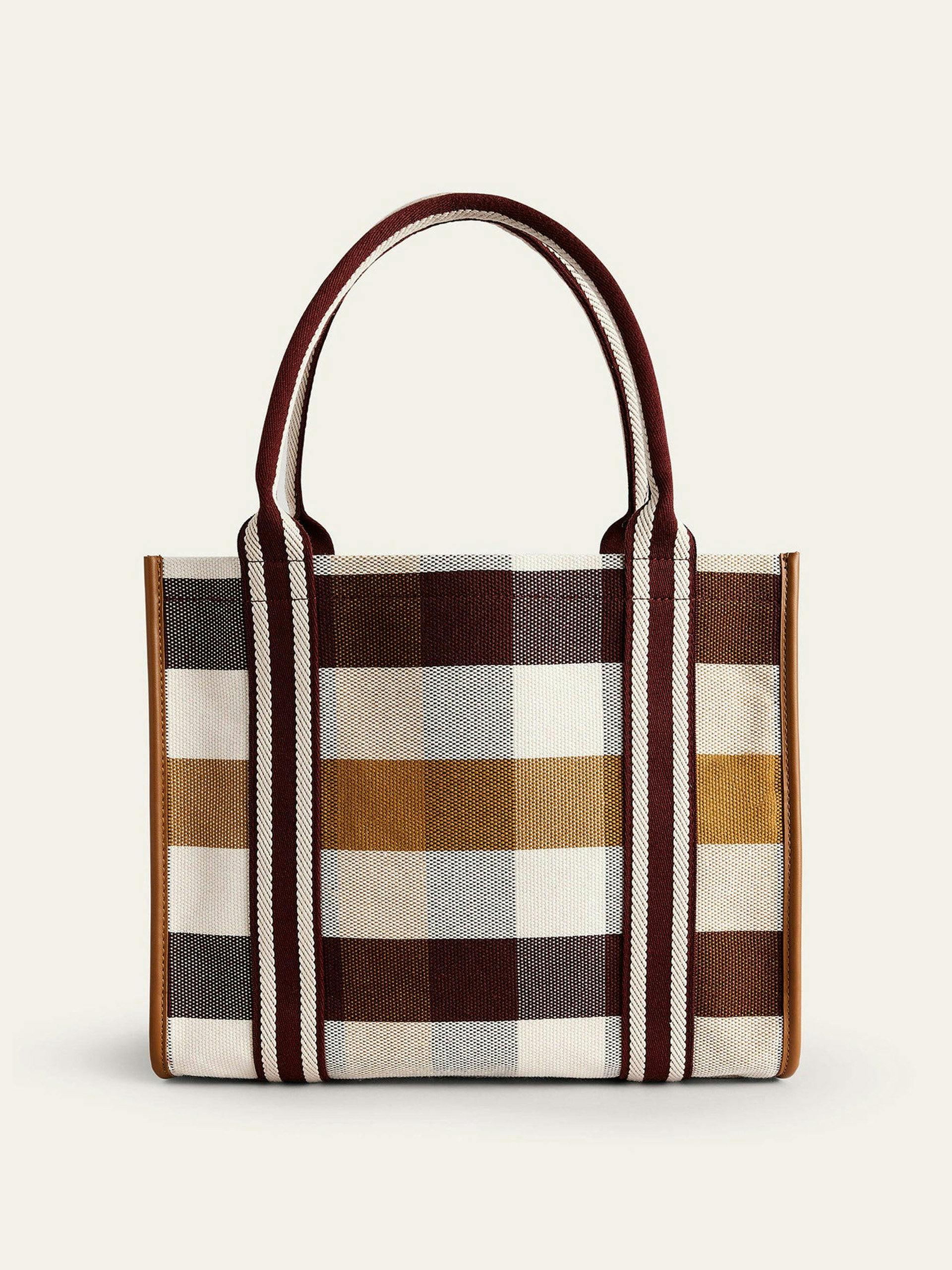 Canvas tote bag in brown check