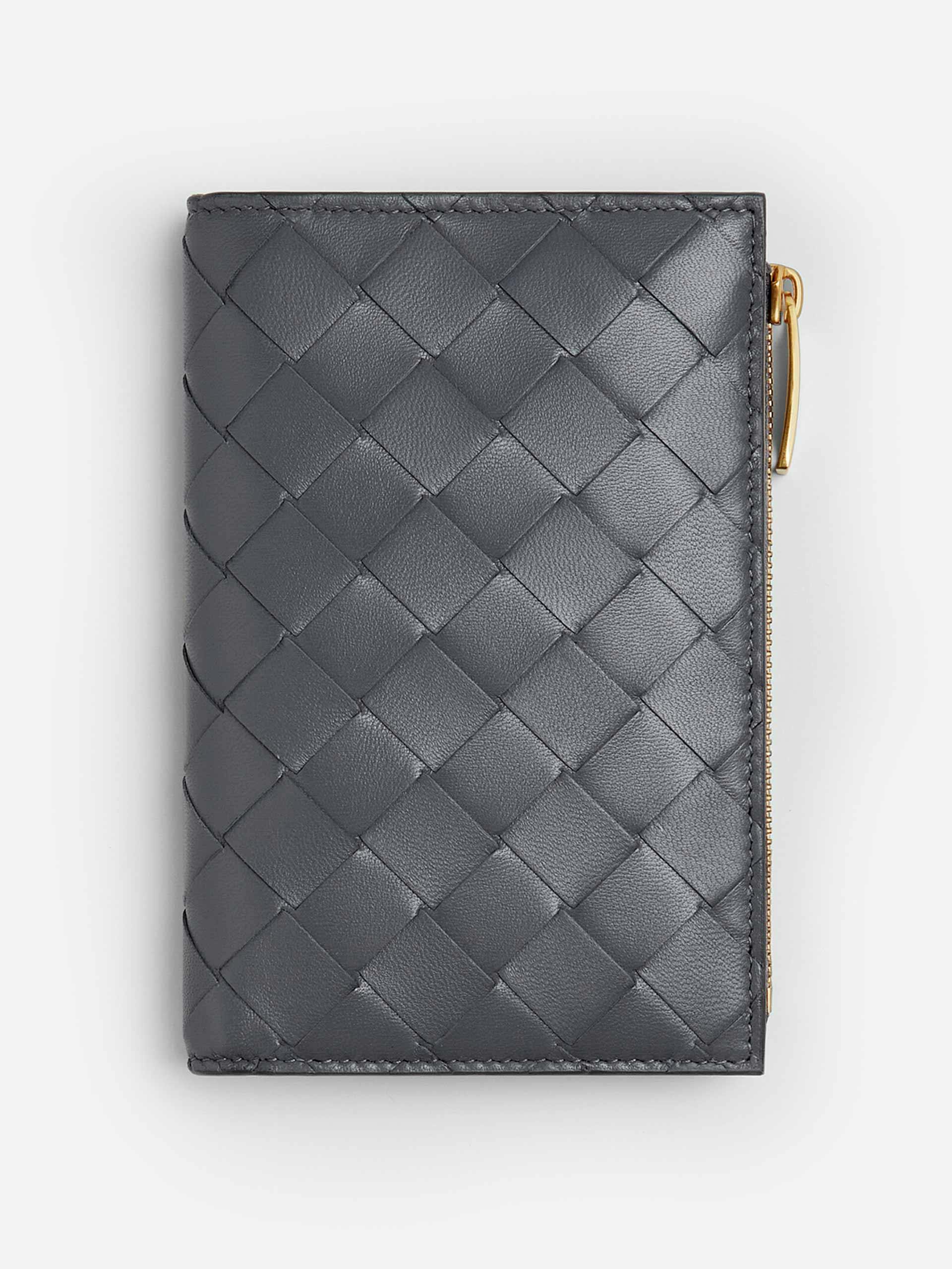 Grey intrecciato-leather zip-up wallet