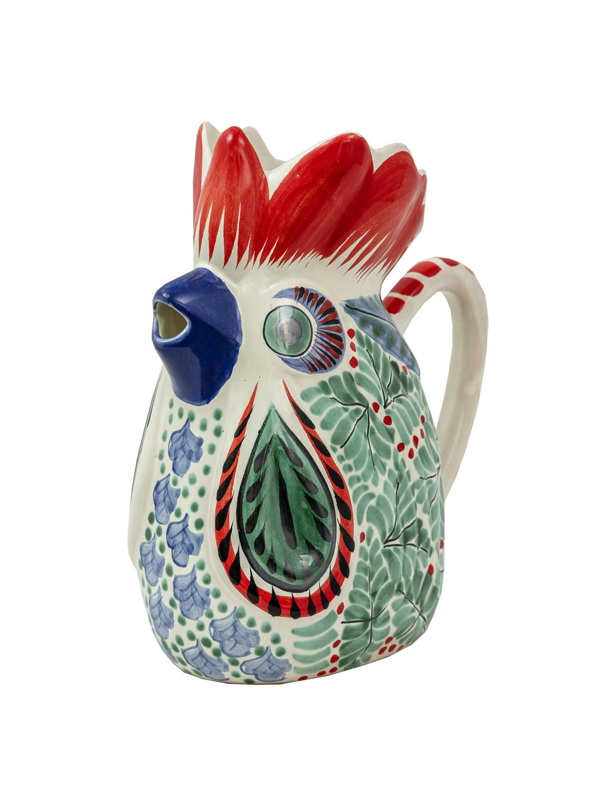 Rooster aqua red water pitcher