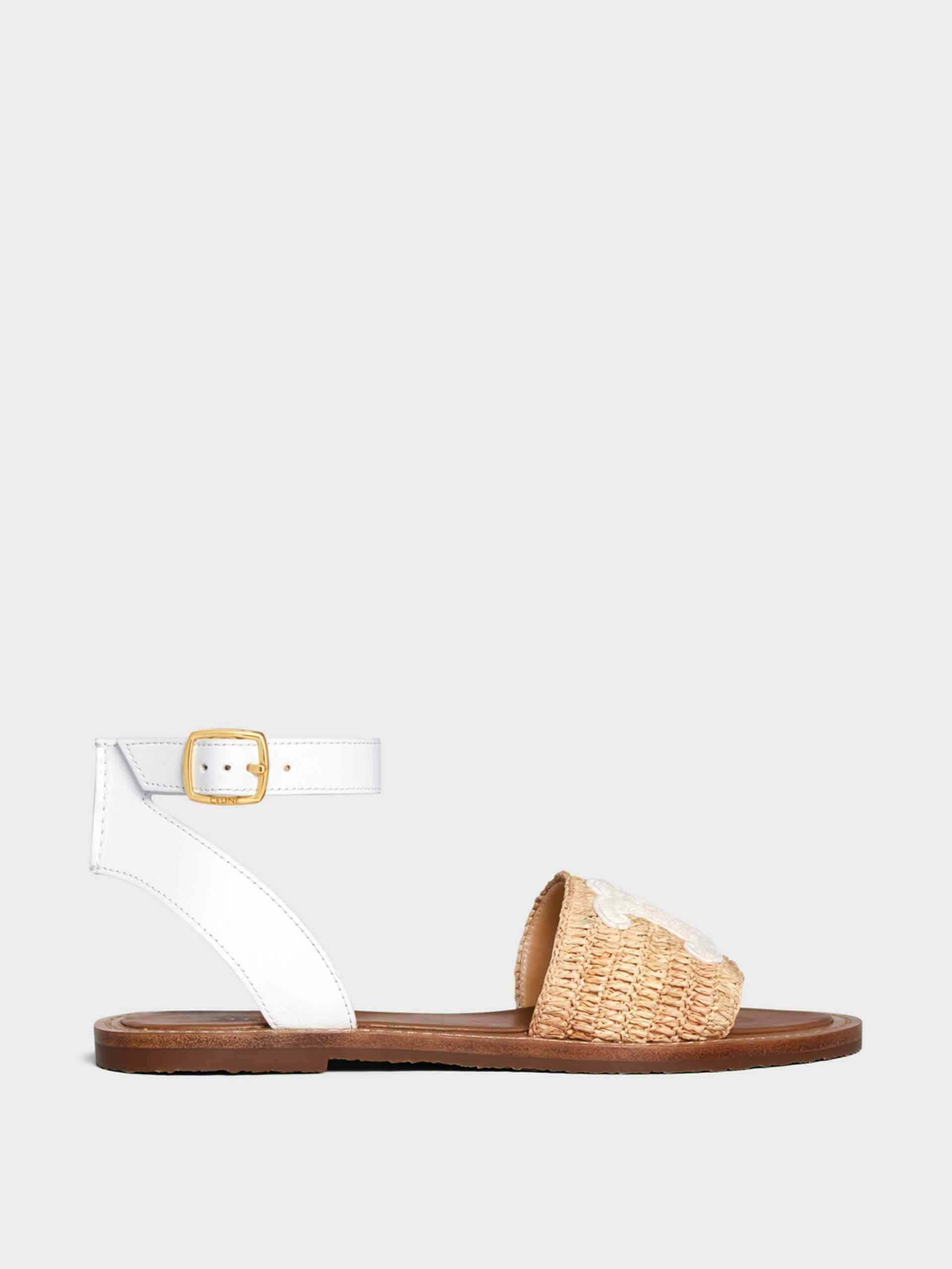 Beige/white flat strap sandal in raffia and calfskin