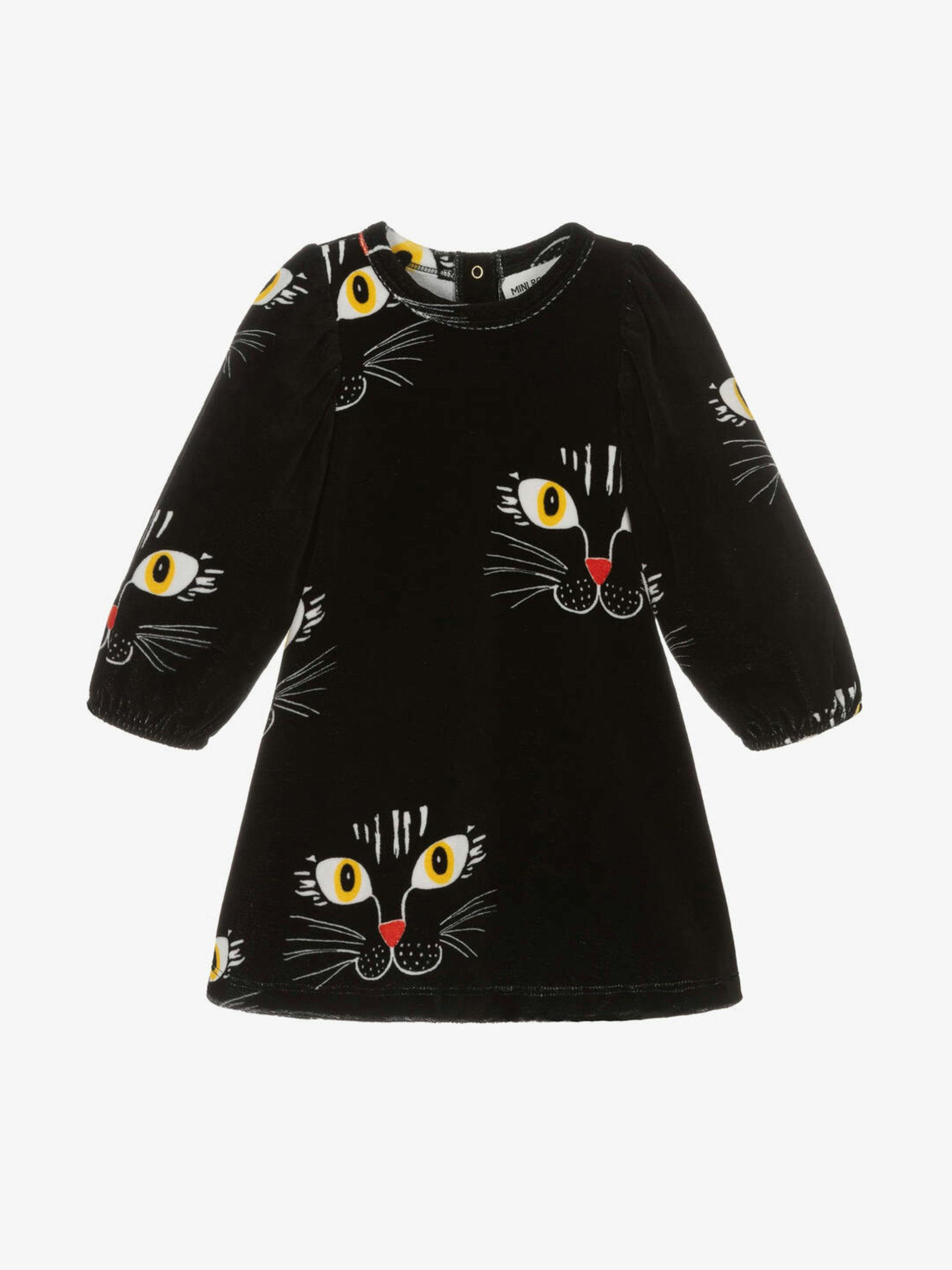 Girls black cotton velour cat dress
